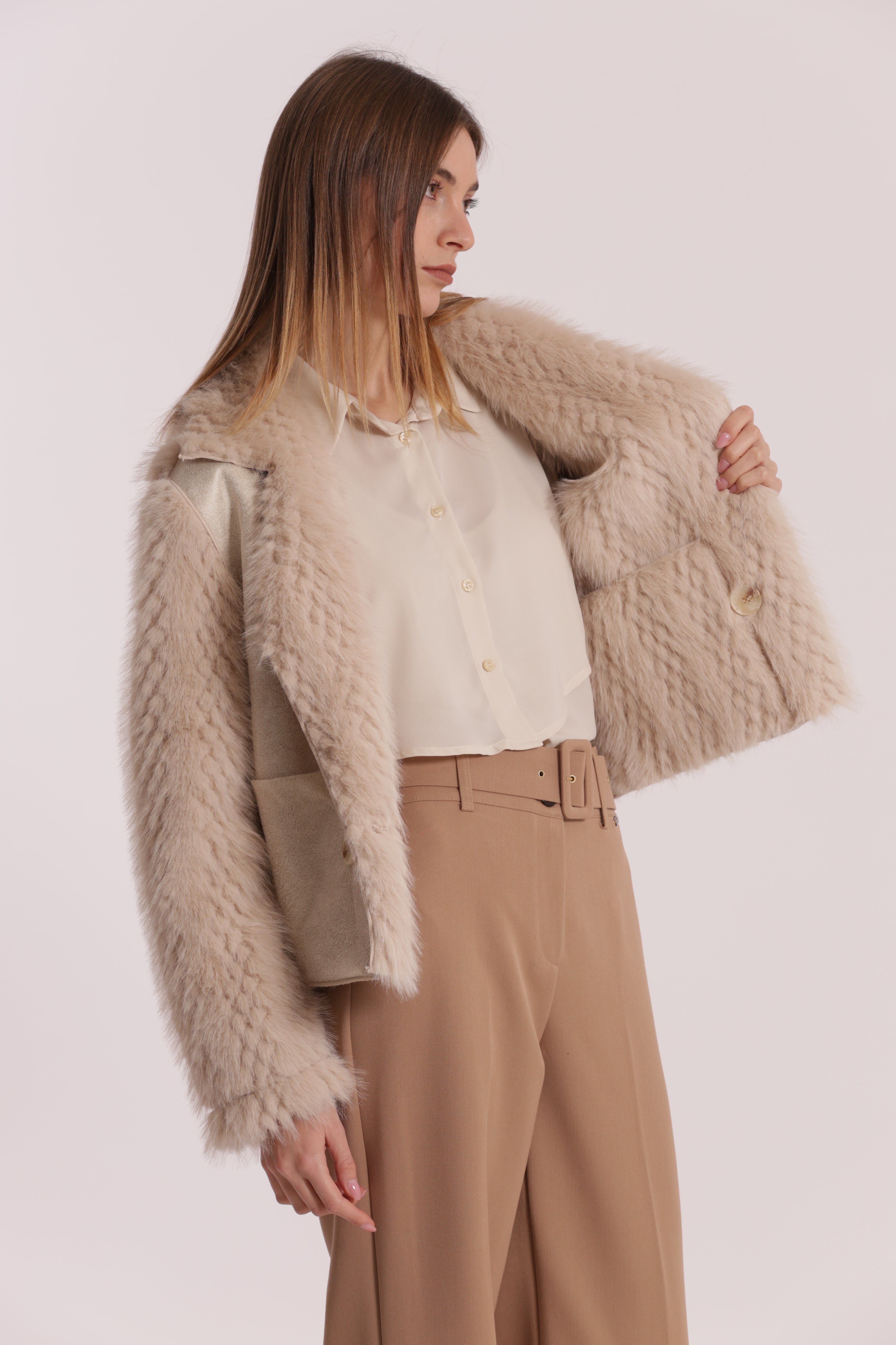 Mimi Mua Giubbotto Cropped Reversibile montone beige