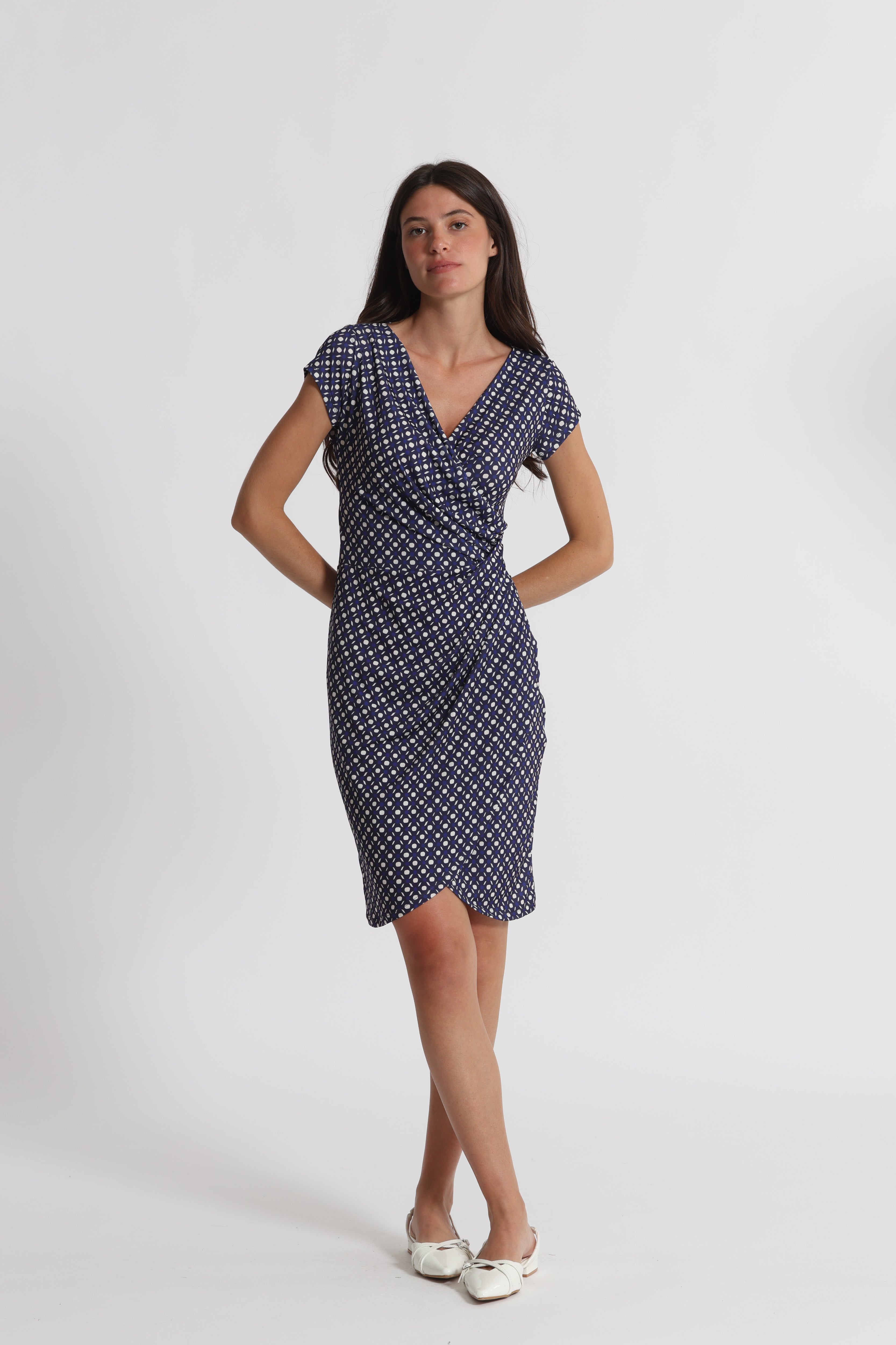 Mimi Mua Abito Corto Fantasia Geometrica Blu Panna S