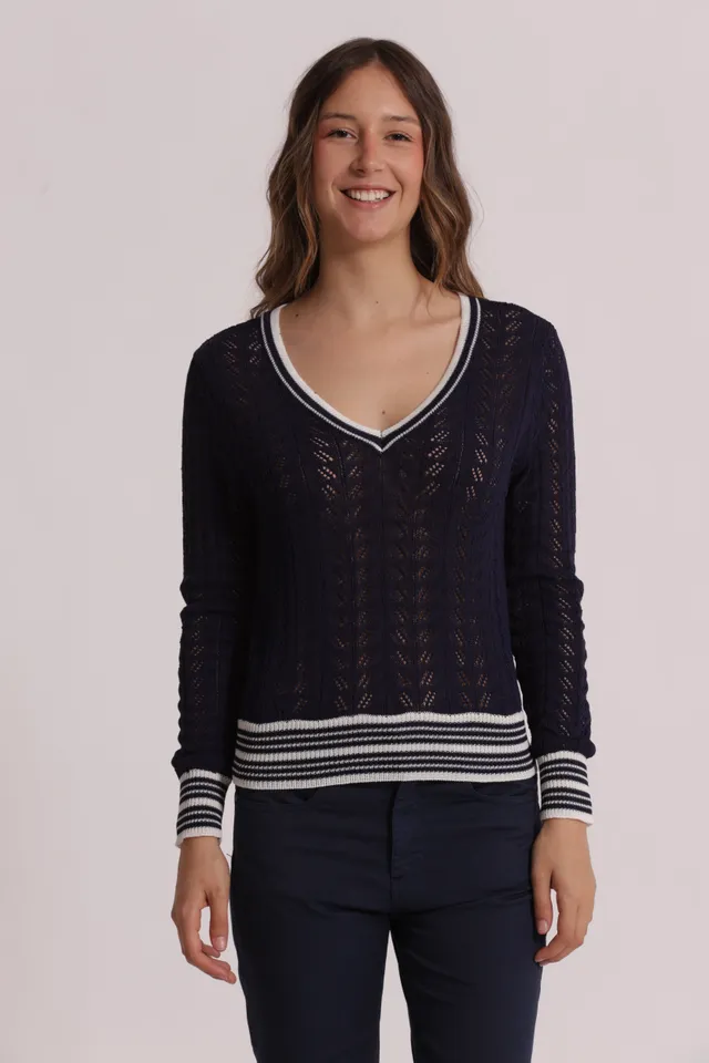 Mimi Mua Maglia Traforata Scollo V Panna Bicolor Leggera