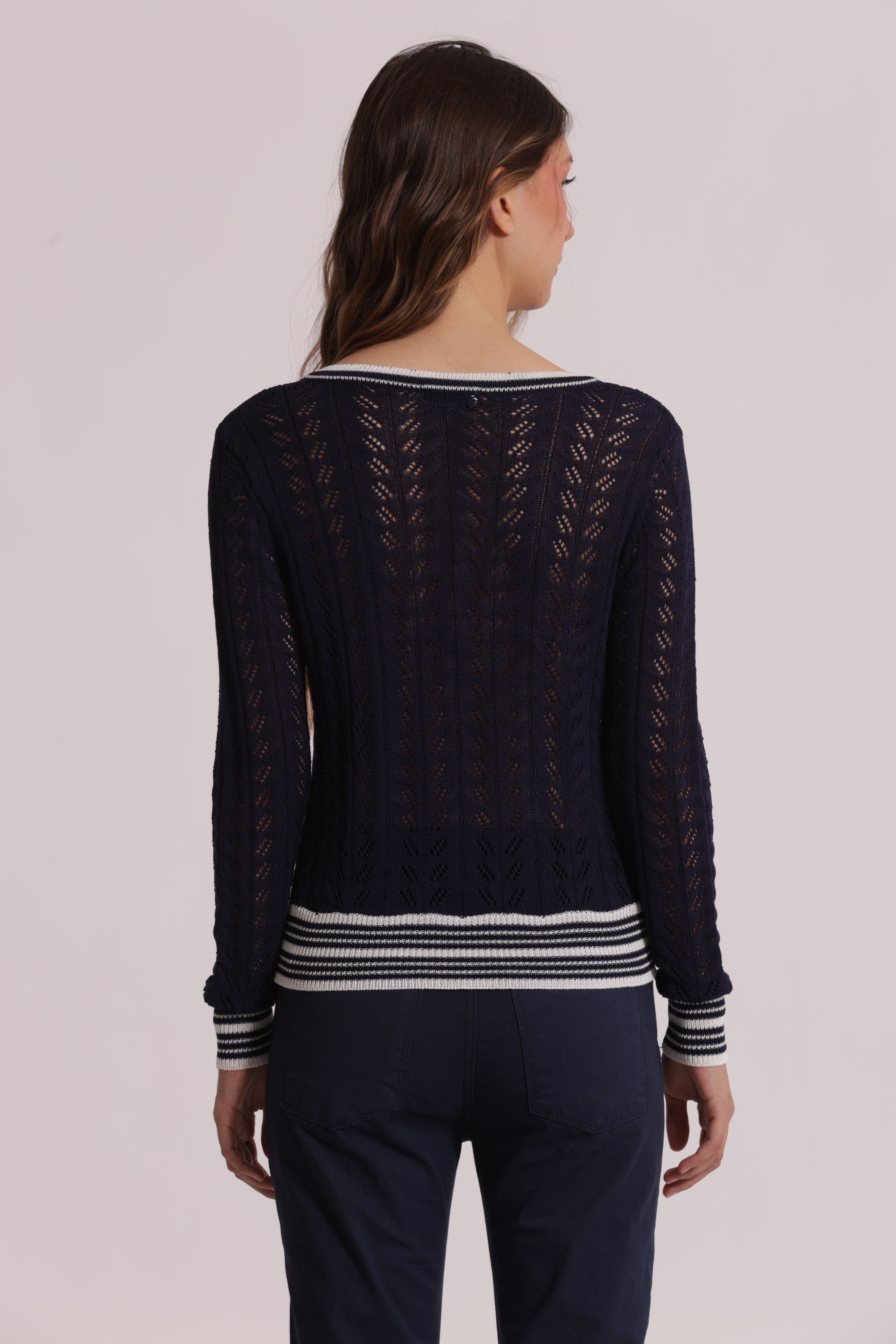 Mimi Mua Maglia Traforata Scollo V Panna Bicolor Leggera