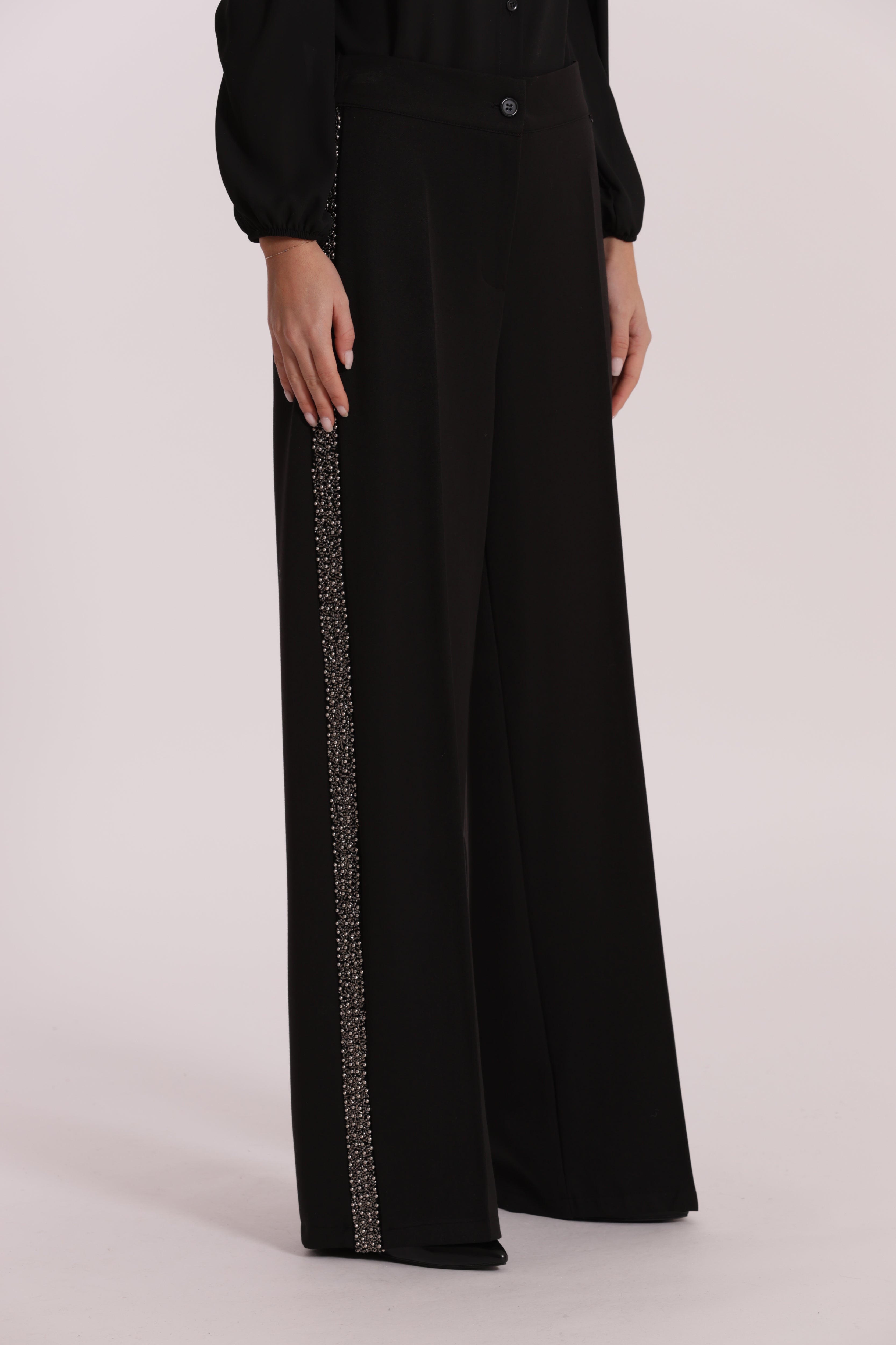 Mimi Mua Pantalone Palazzo Passamaneria Ricamata nero