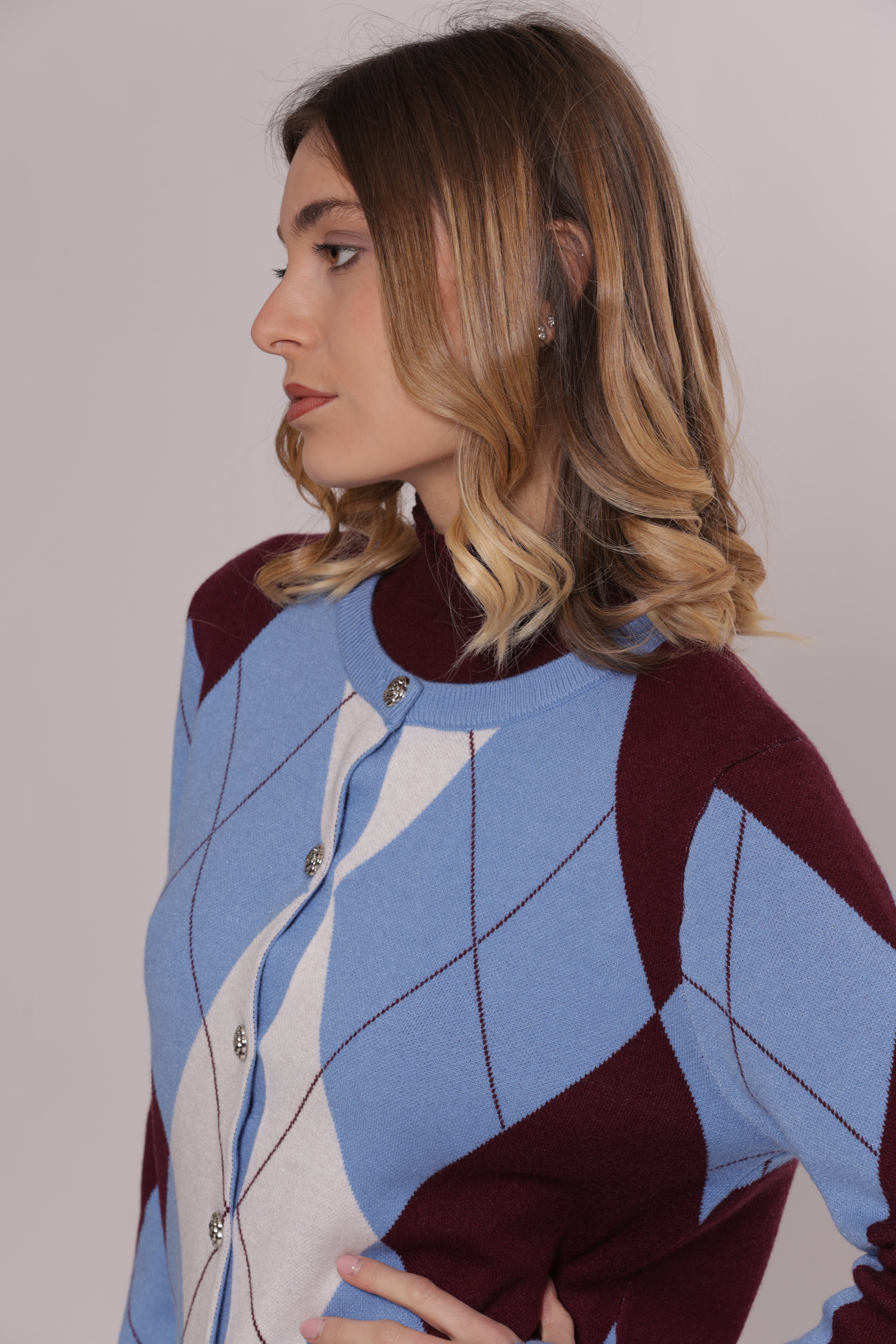 Mimi Mua Cardigan Geometrico Bottoni Gioiello Maglia
