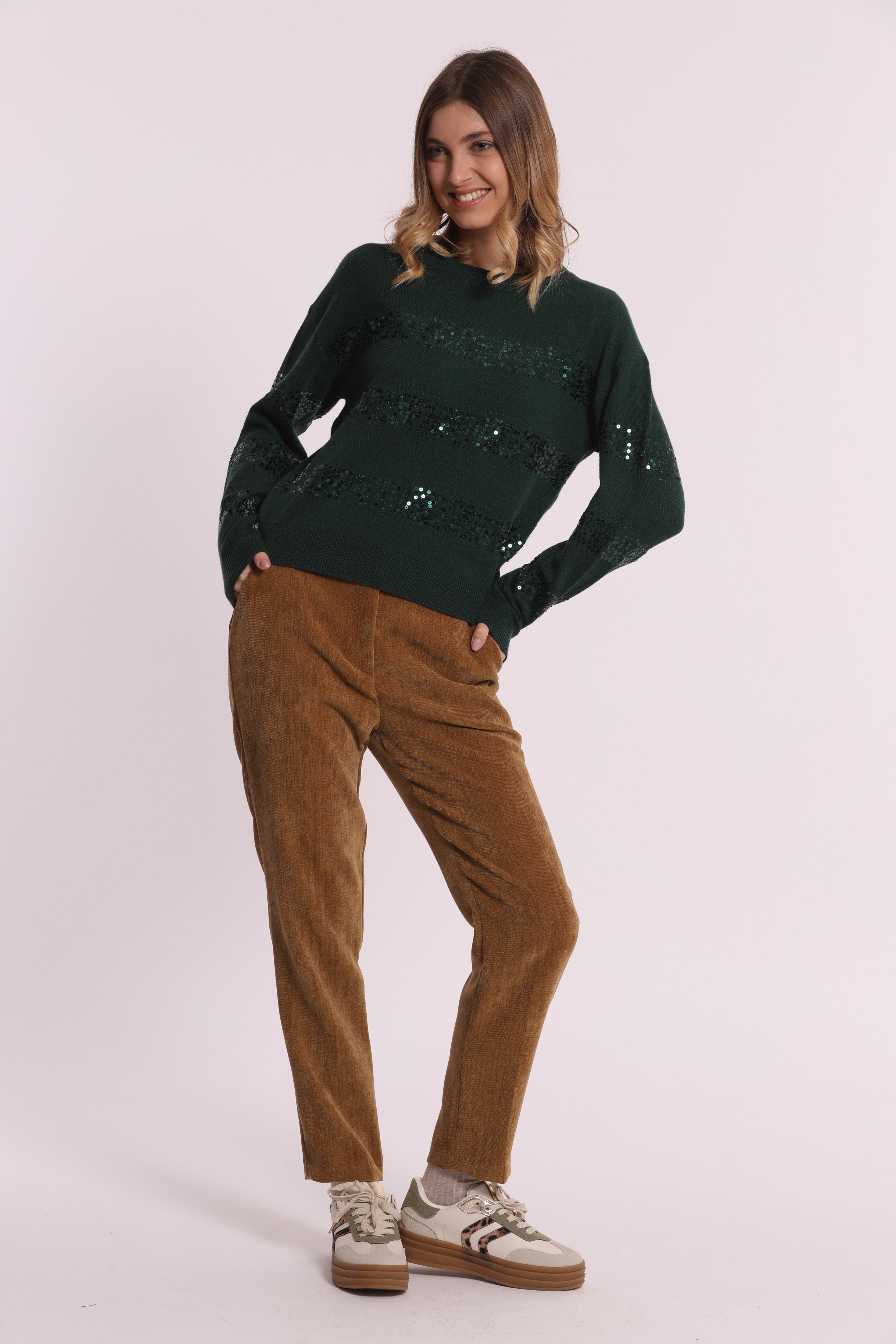 Mimi Mua Scollo Tondo Righe Paillettes Maglia Nero