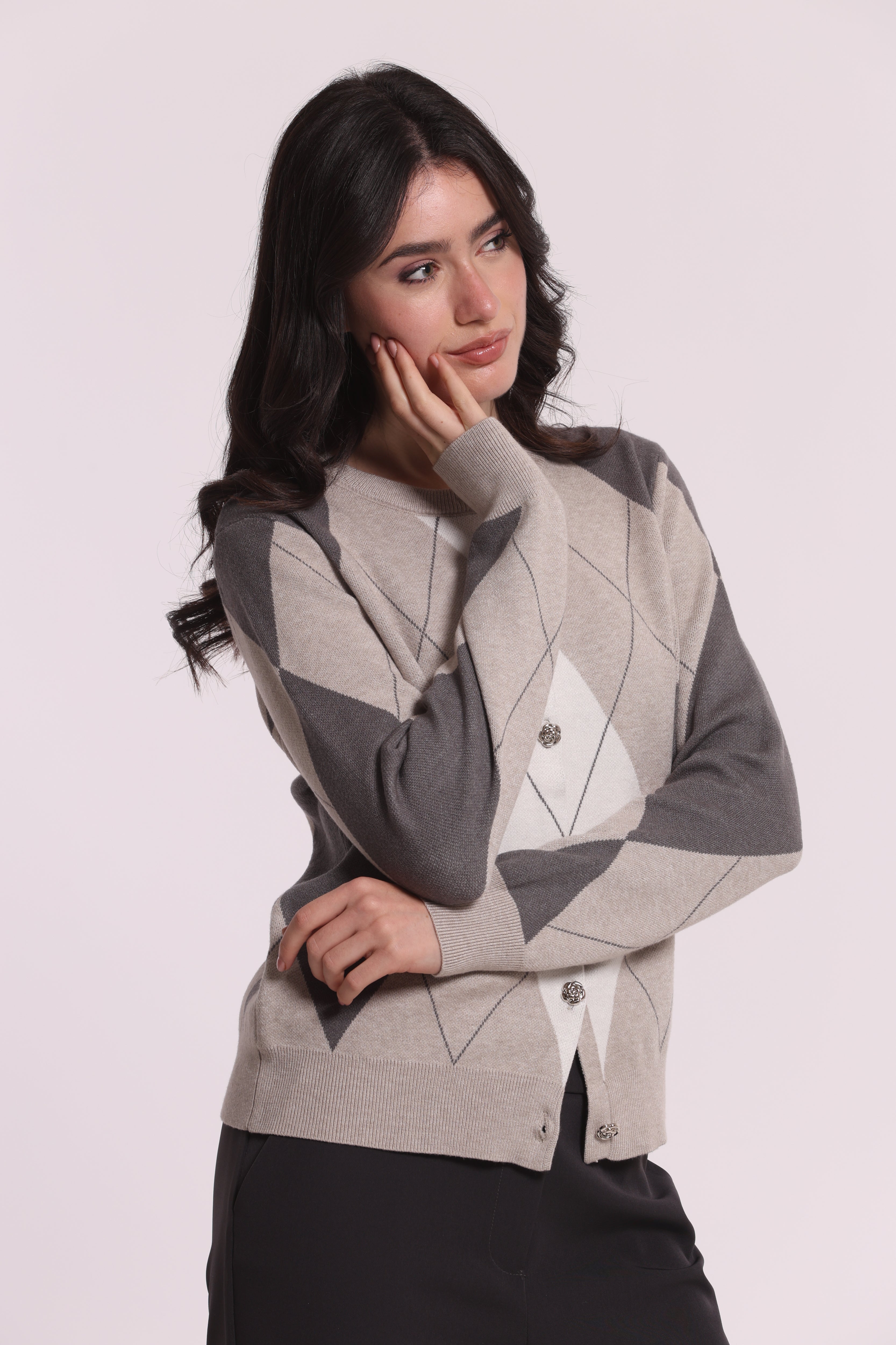 Mimi Mua Cardigan Geometrico Bottoni Gioiello Maglia