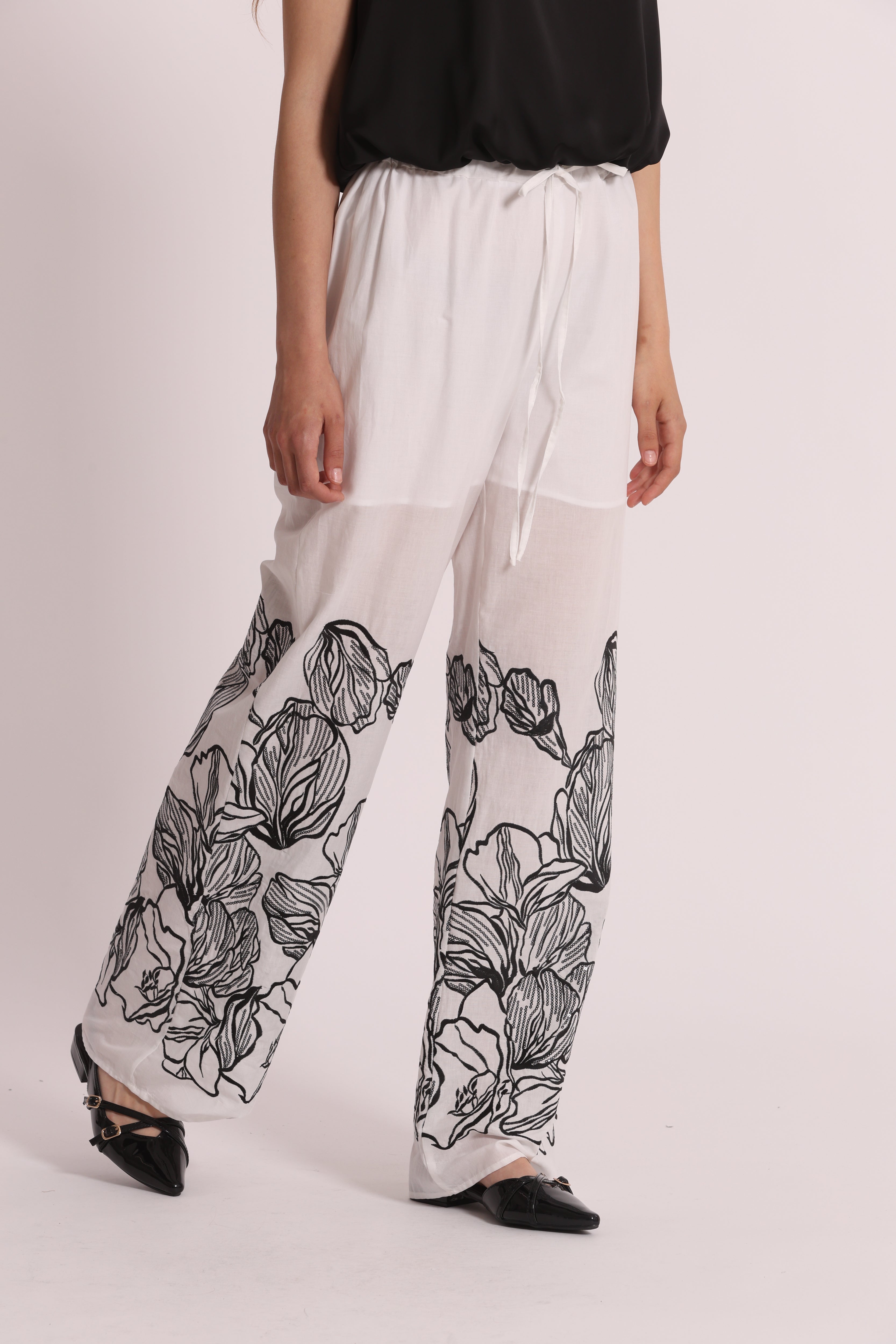 Mimi Mua Pantalone Lungo con Ricamo cotone bianco