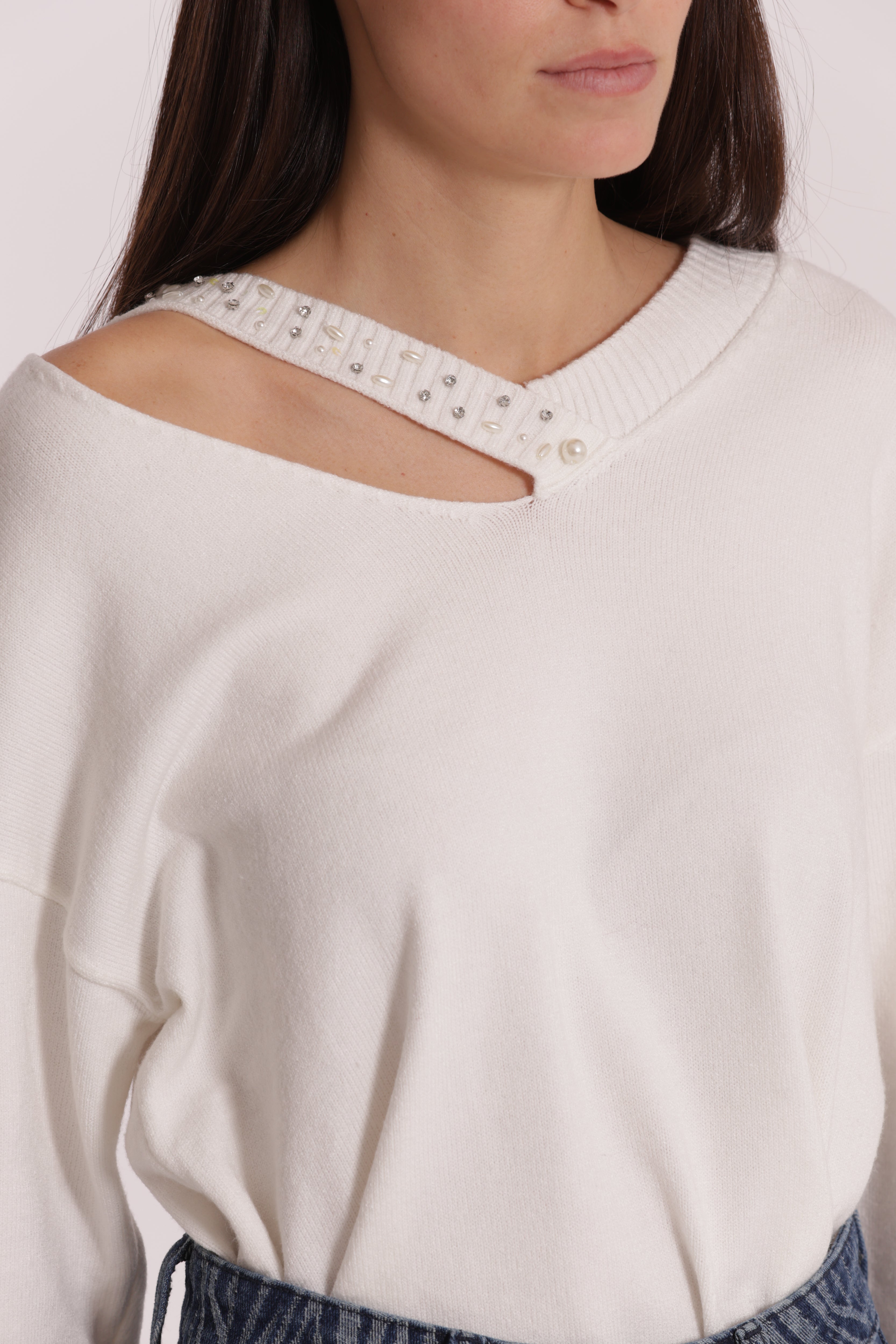 Mimi Mua Maglia Scollo V Maglione Nero Strass Cut Out