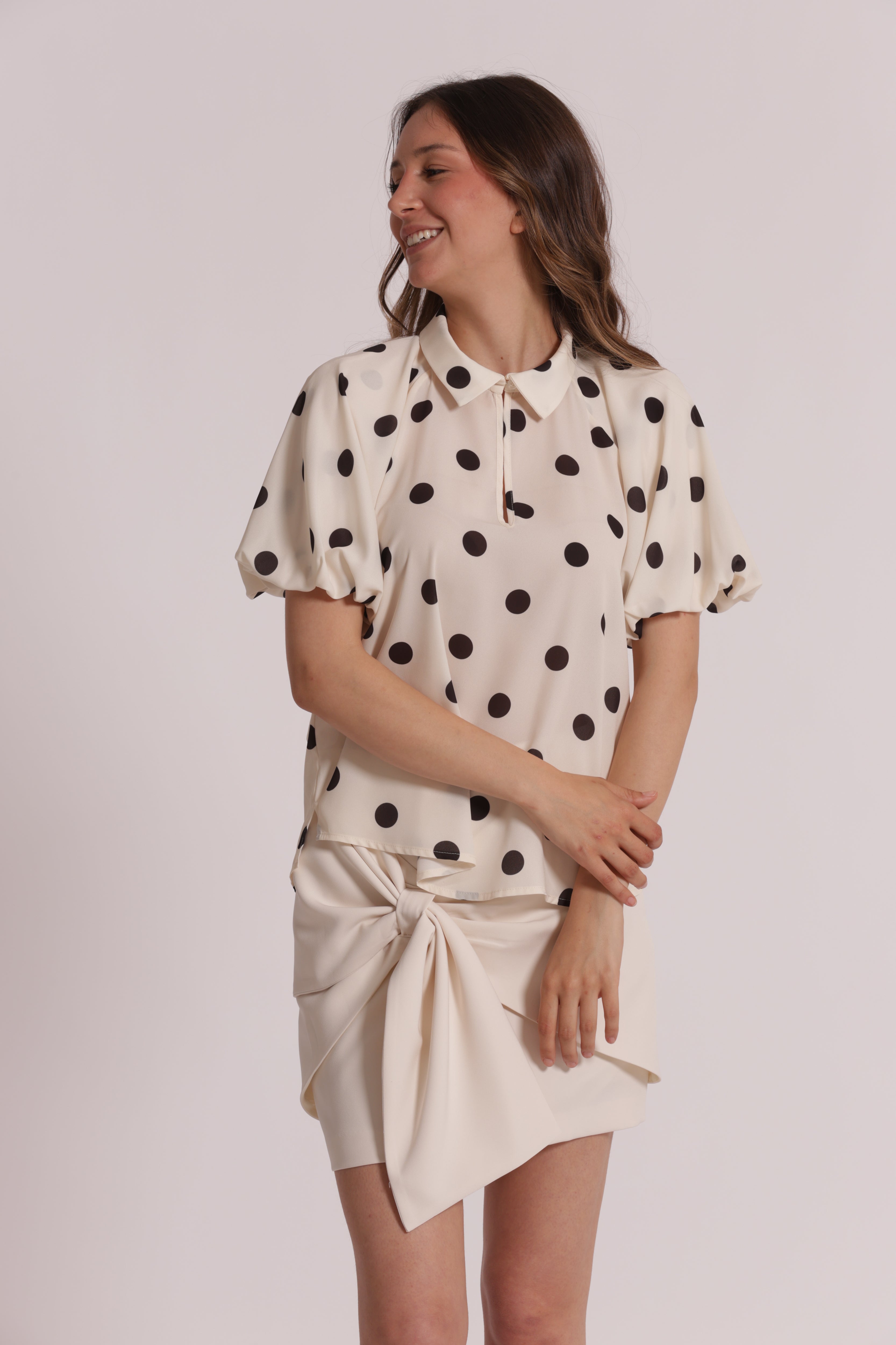 Mimi Mua Blusa Maniche Palloncino Pois Blu Panna