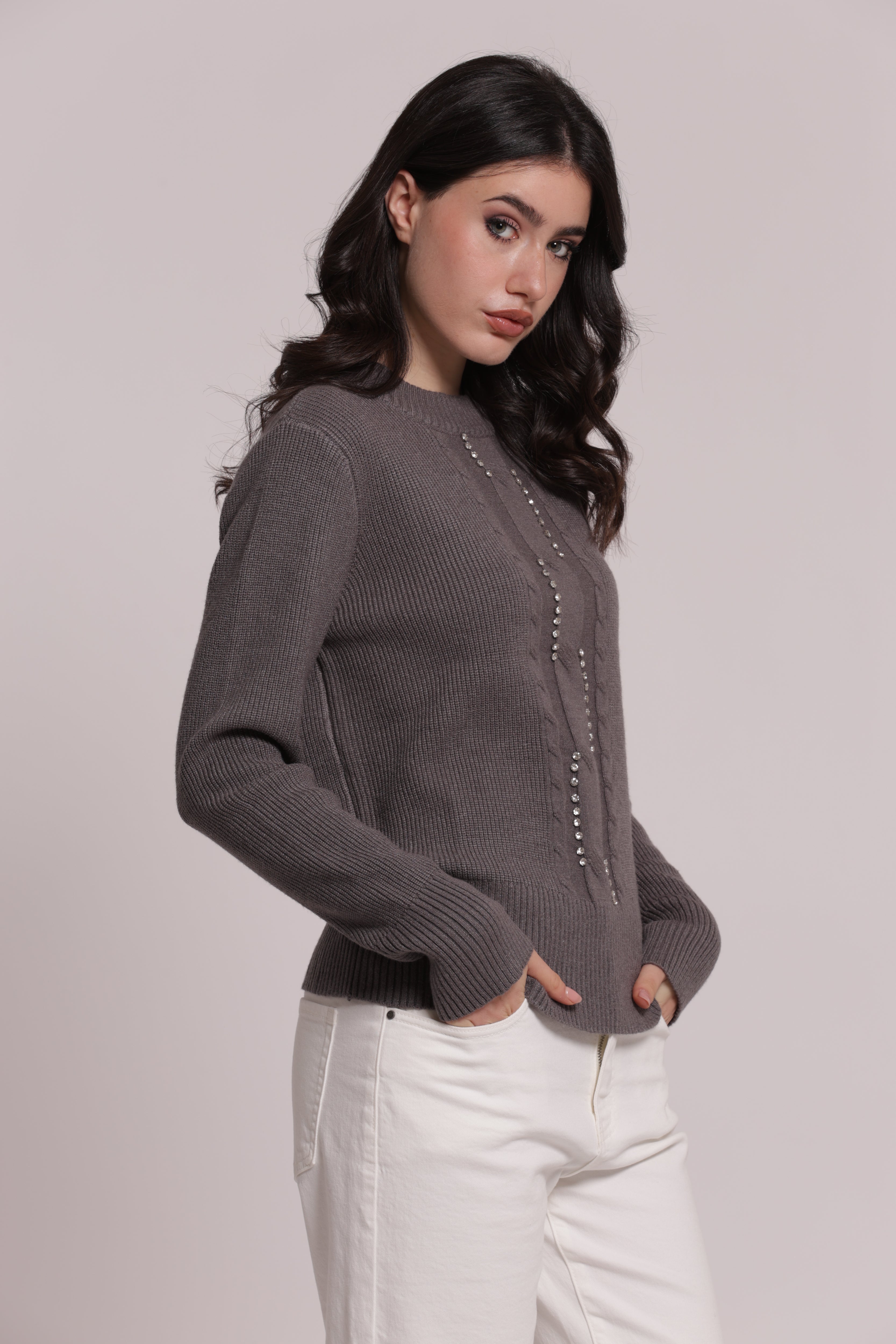 Mimi Mua Maglia Scollo Tondo Treccia maglia nera