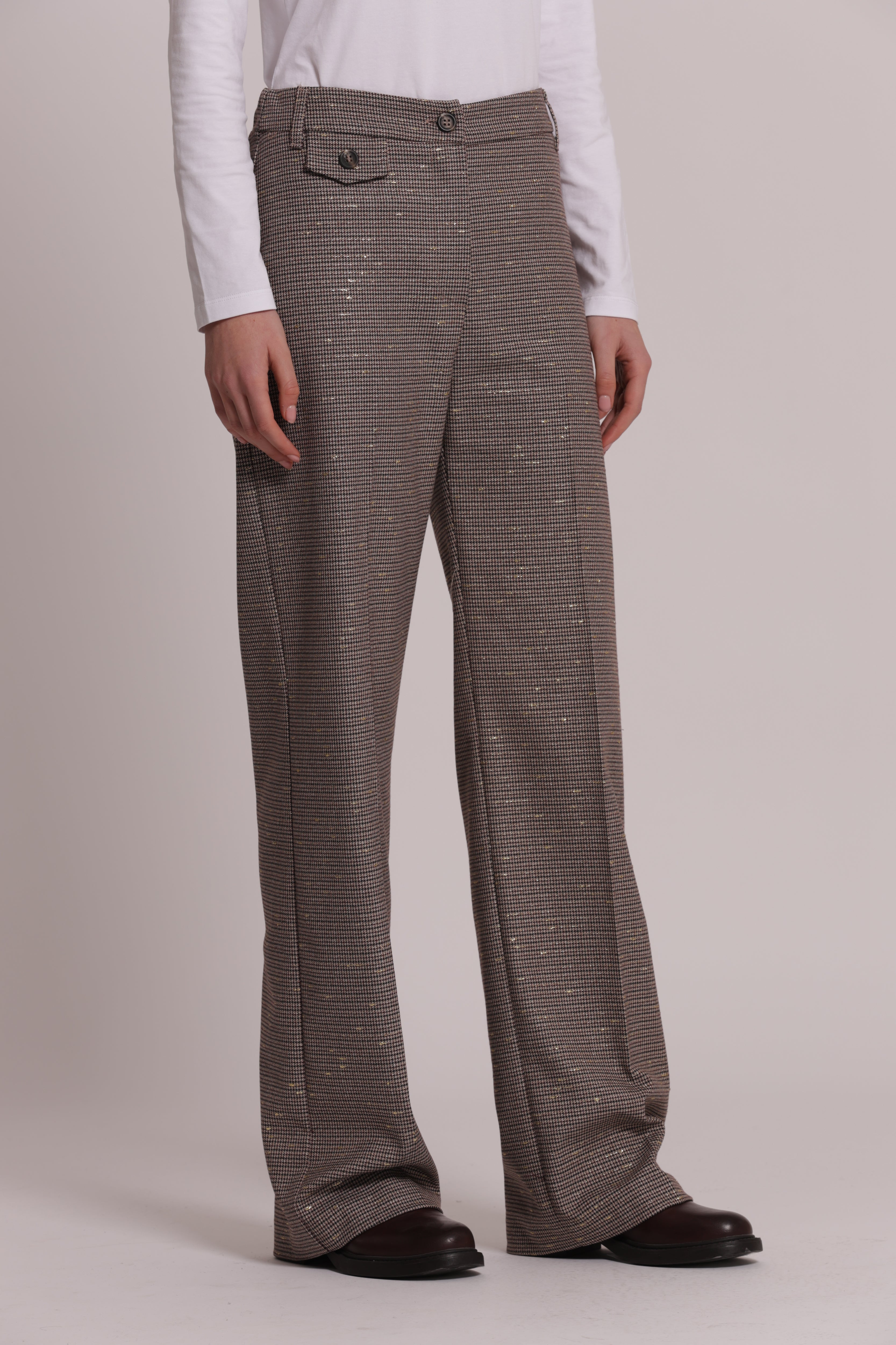 Mimi Mua Palazzo Pied de Poule Lurex Pantaloni Bordeaux Beige