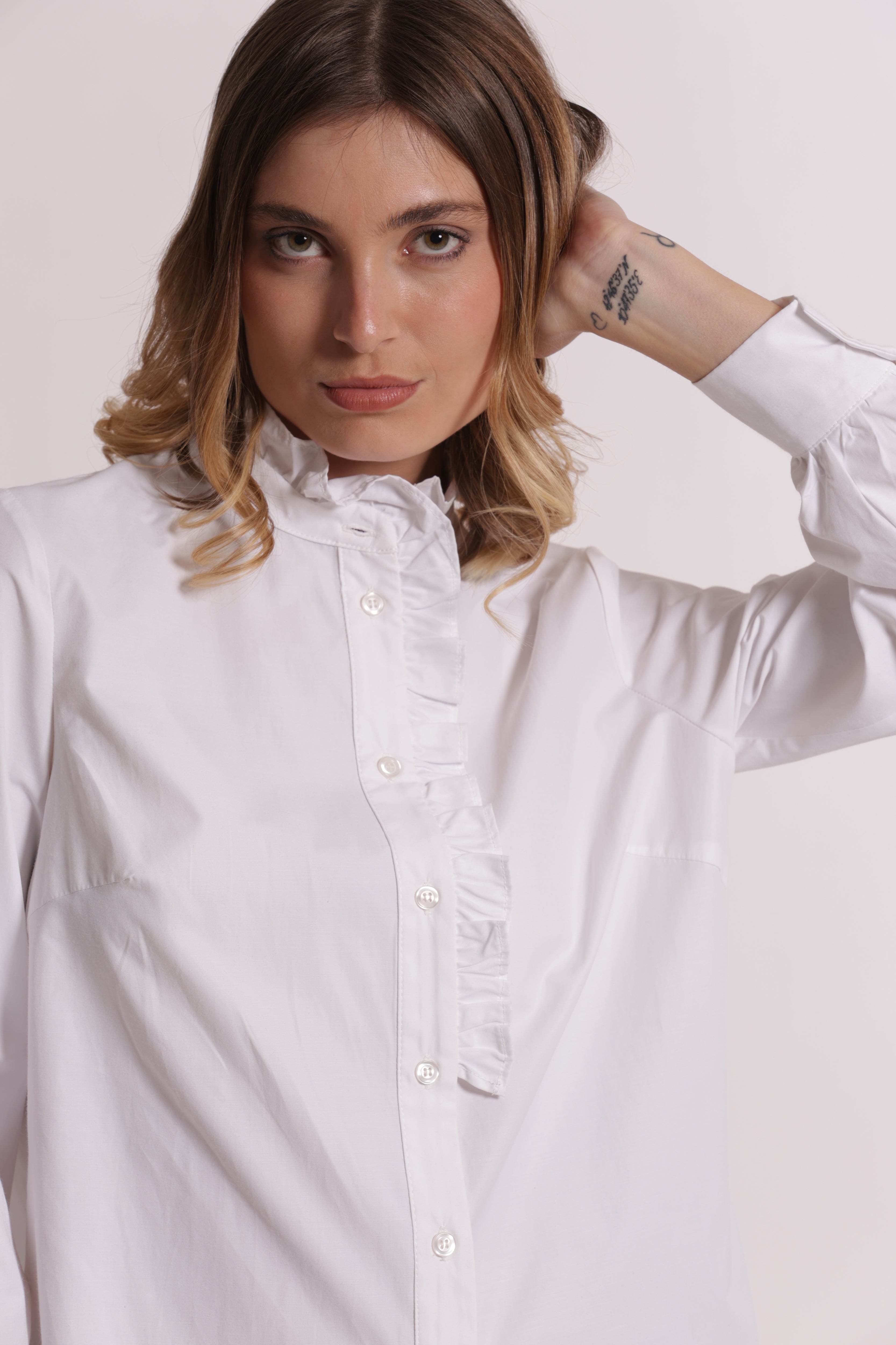 Mimi Mua Camicia Rouches Collo Bianco cotone