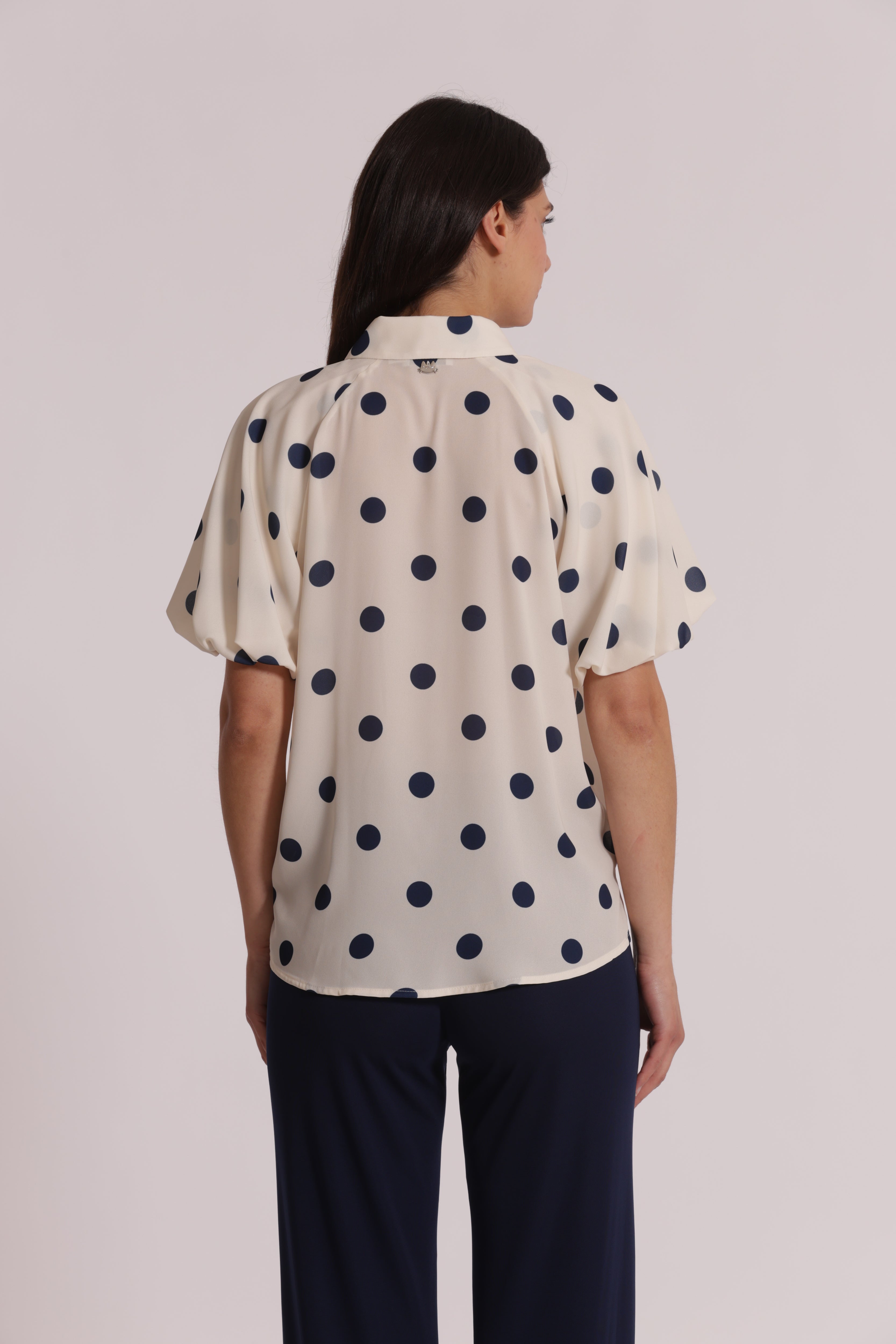 Mimi Mua Blusa Maniche Palloncino Pois Blu Panna