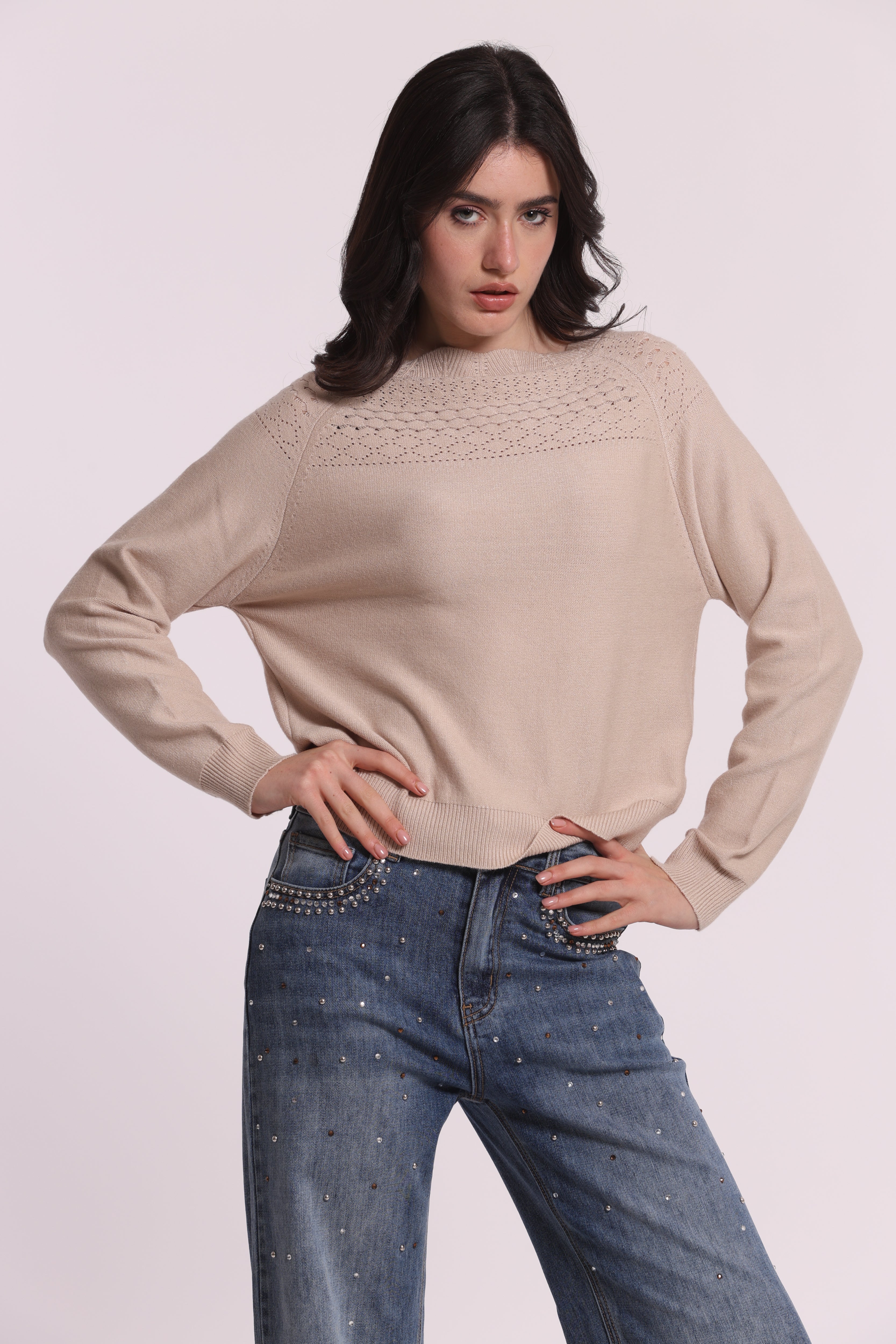 Mimi Mua Maglia Traforata Beige Chiaro Maniche Lunghe