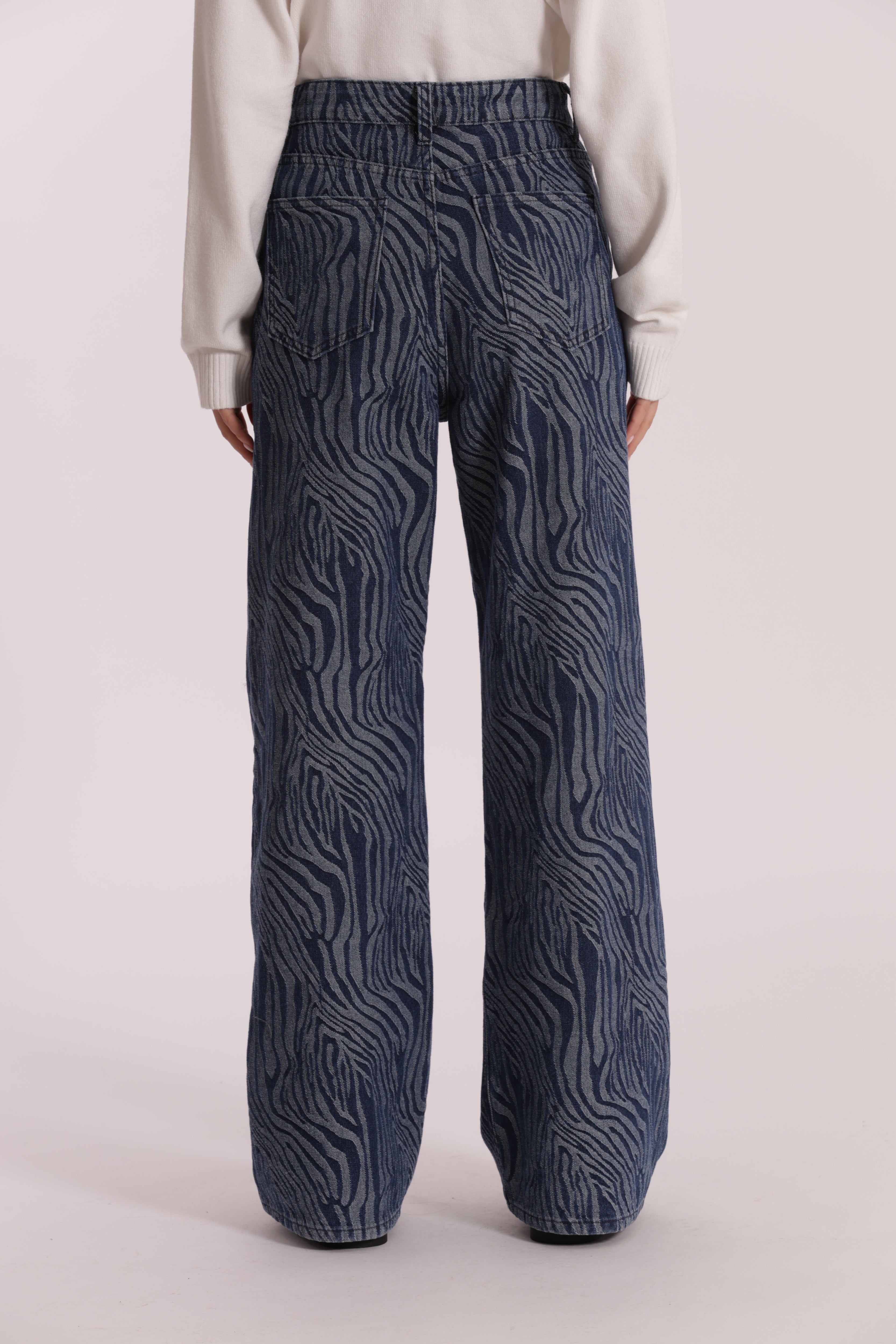 Mimi Mua Jeans Palazzo Jacquard Animalier Blu Scuro