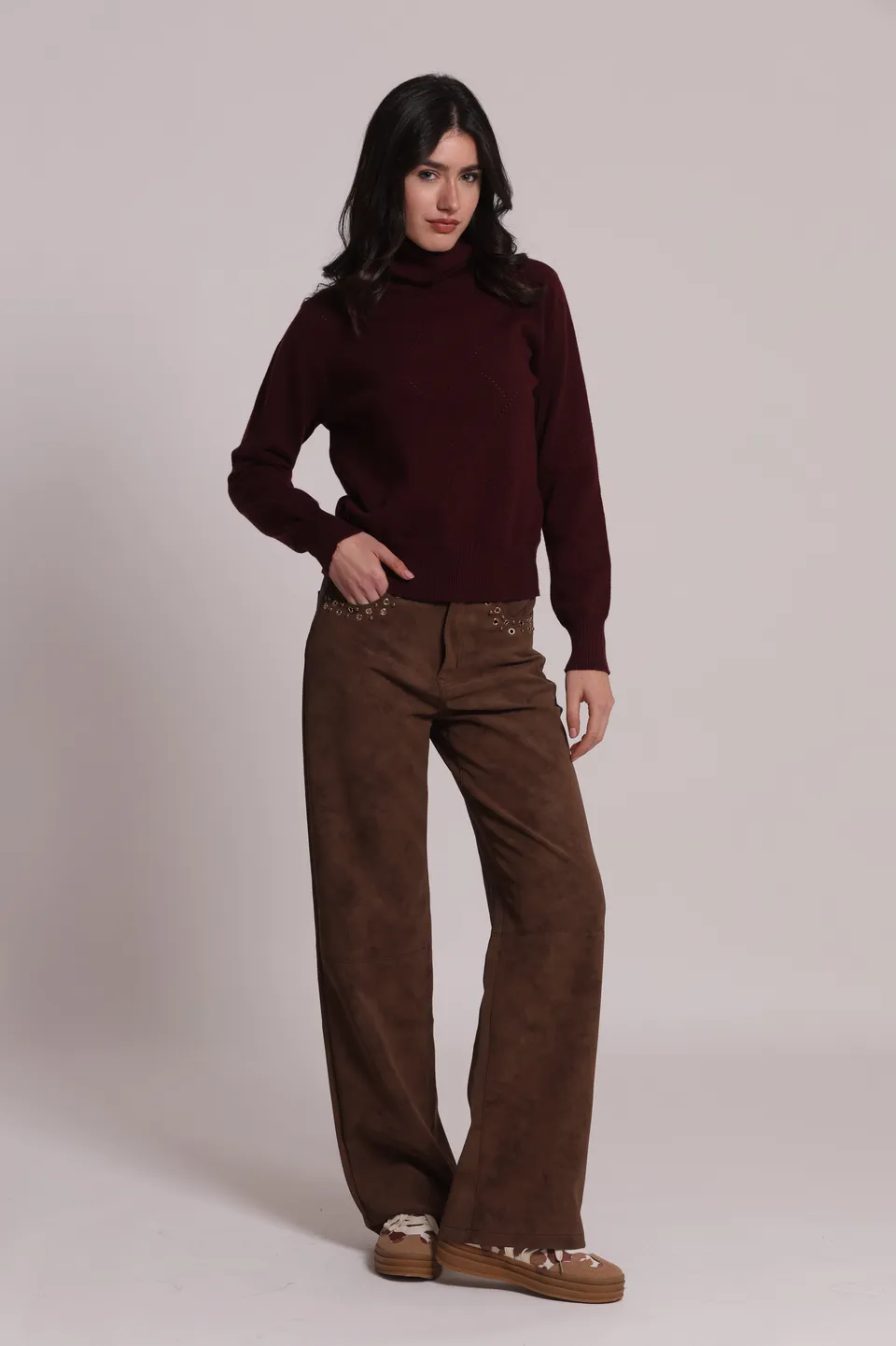 Mimi Mua Pantalone Spalmato Borchie Marrone