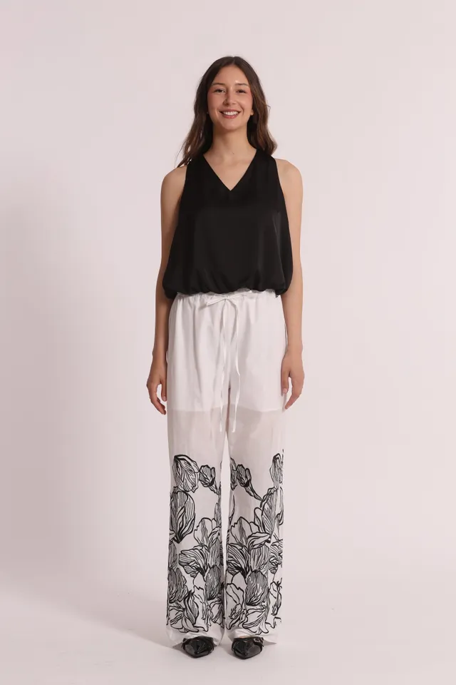 Mimi Mua Pantalone Lungo con Ricamo cotone bianco