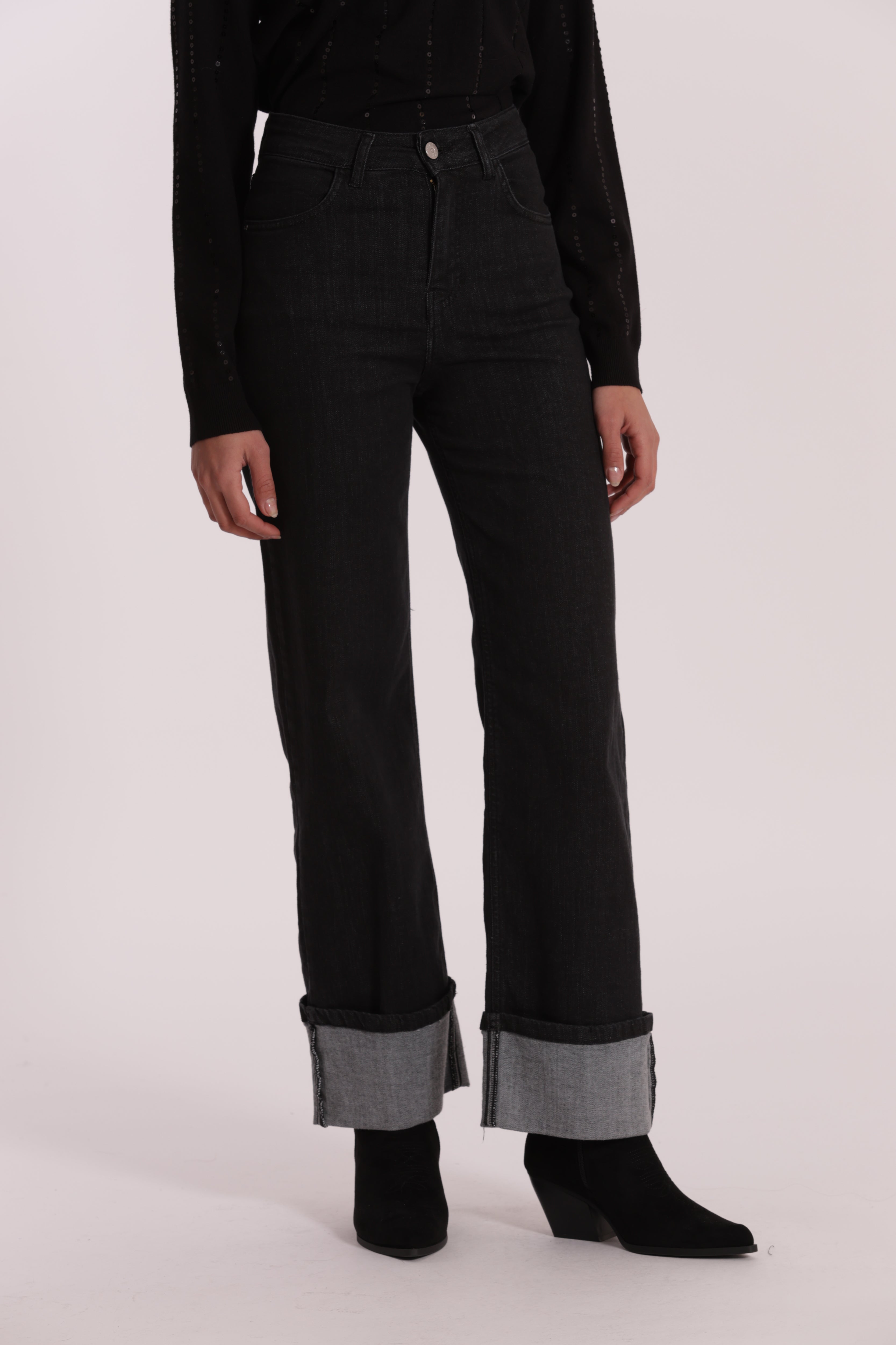 Mimi Mua Jeans Palazzo con Risvolto Nero elasticizzato