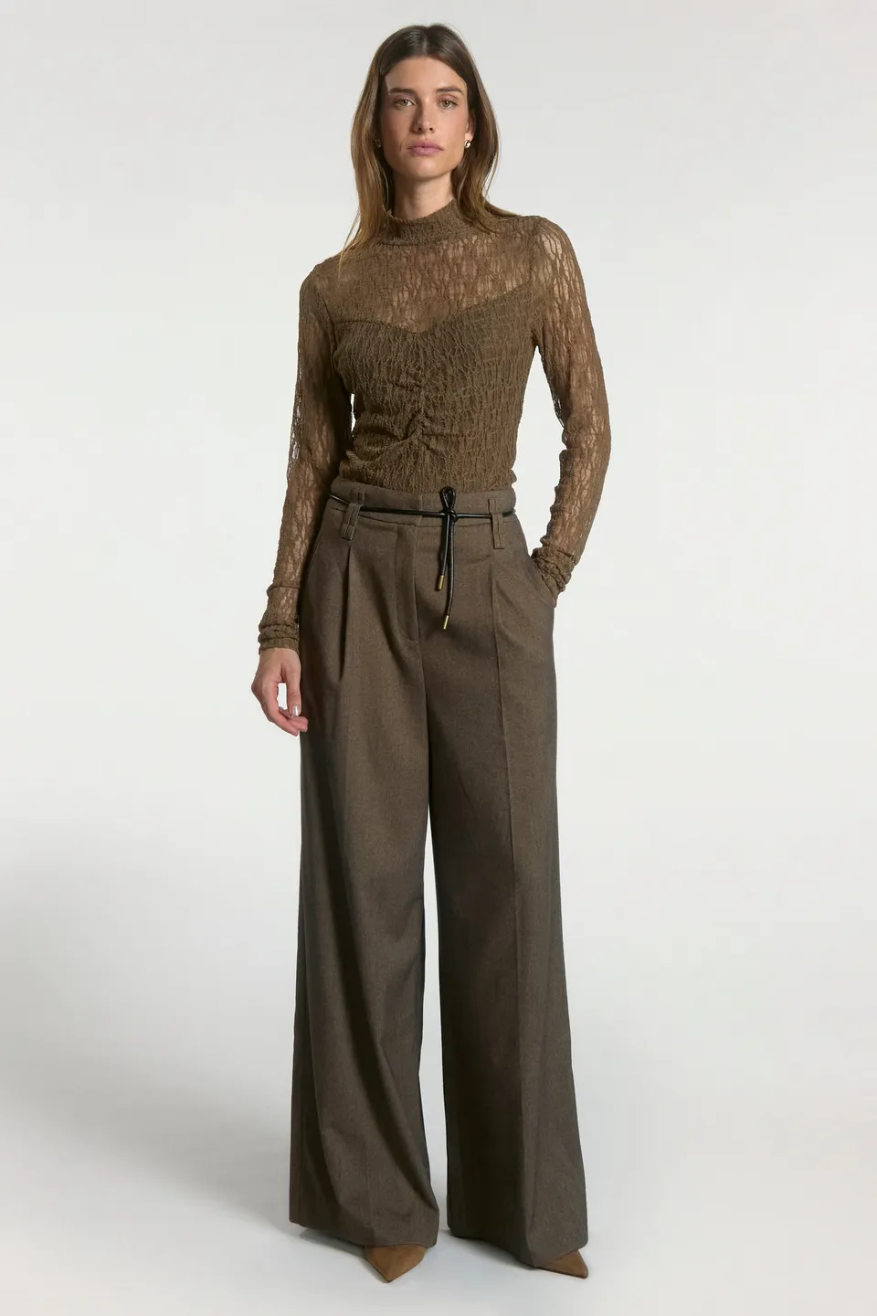 Aaiko Hailey pantaloni tweed marrone gamba larga
