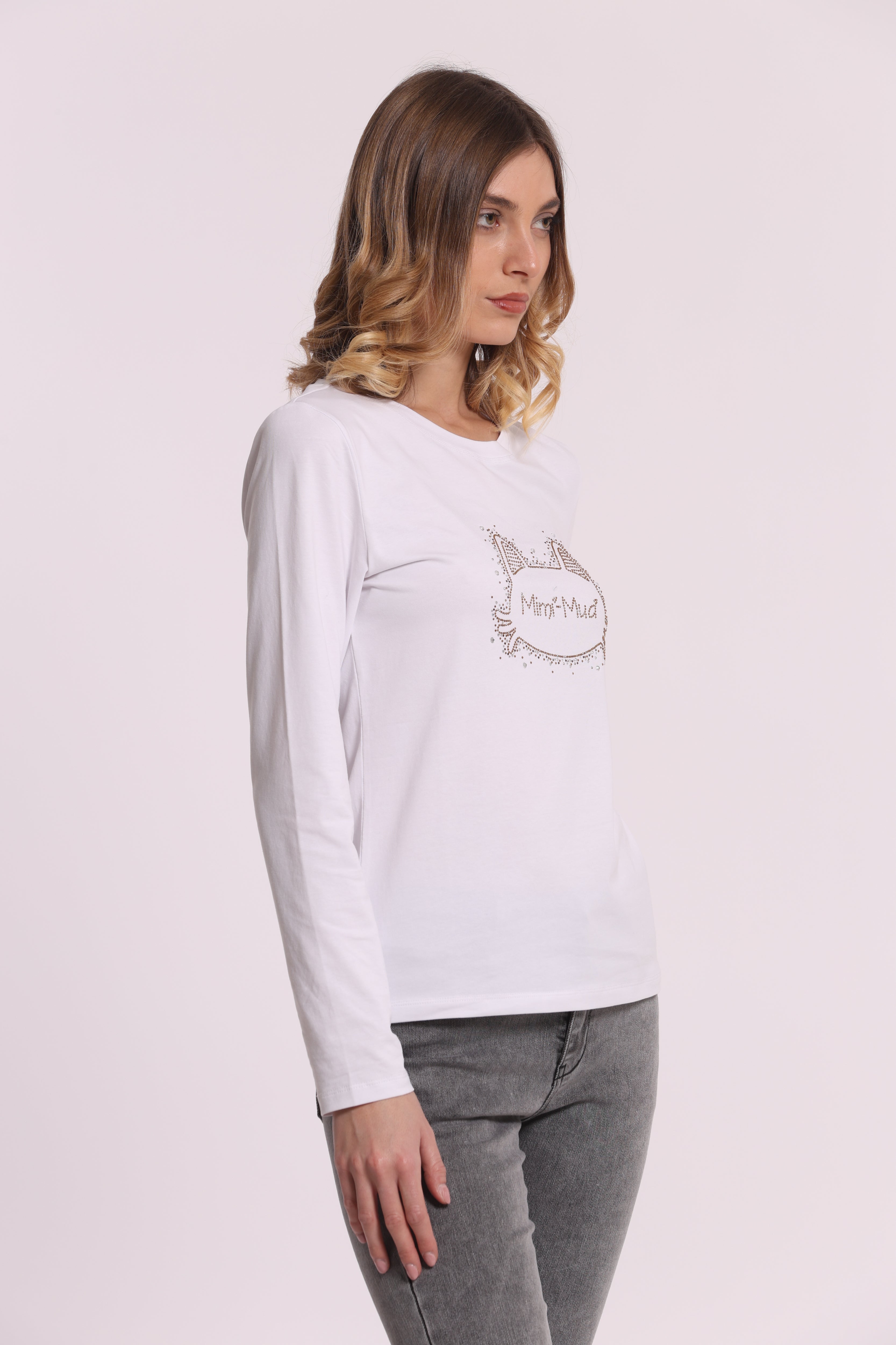 Mimi Mua T-Shirt Maniche Lunghe Gatto Strass Bianca