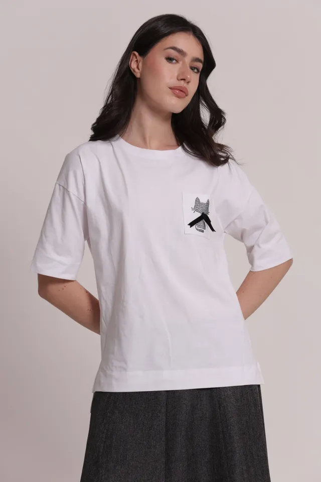 Mimi Mua T-Shirt Taschino Gatto Strass bianco cotone