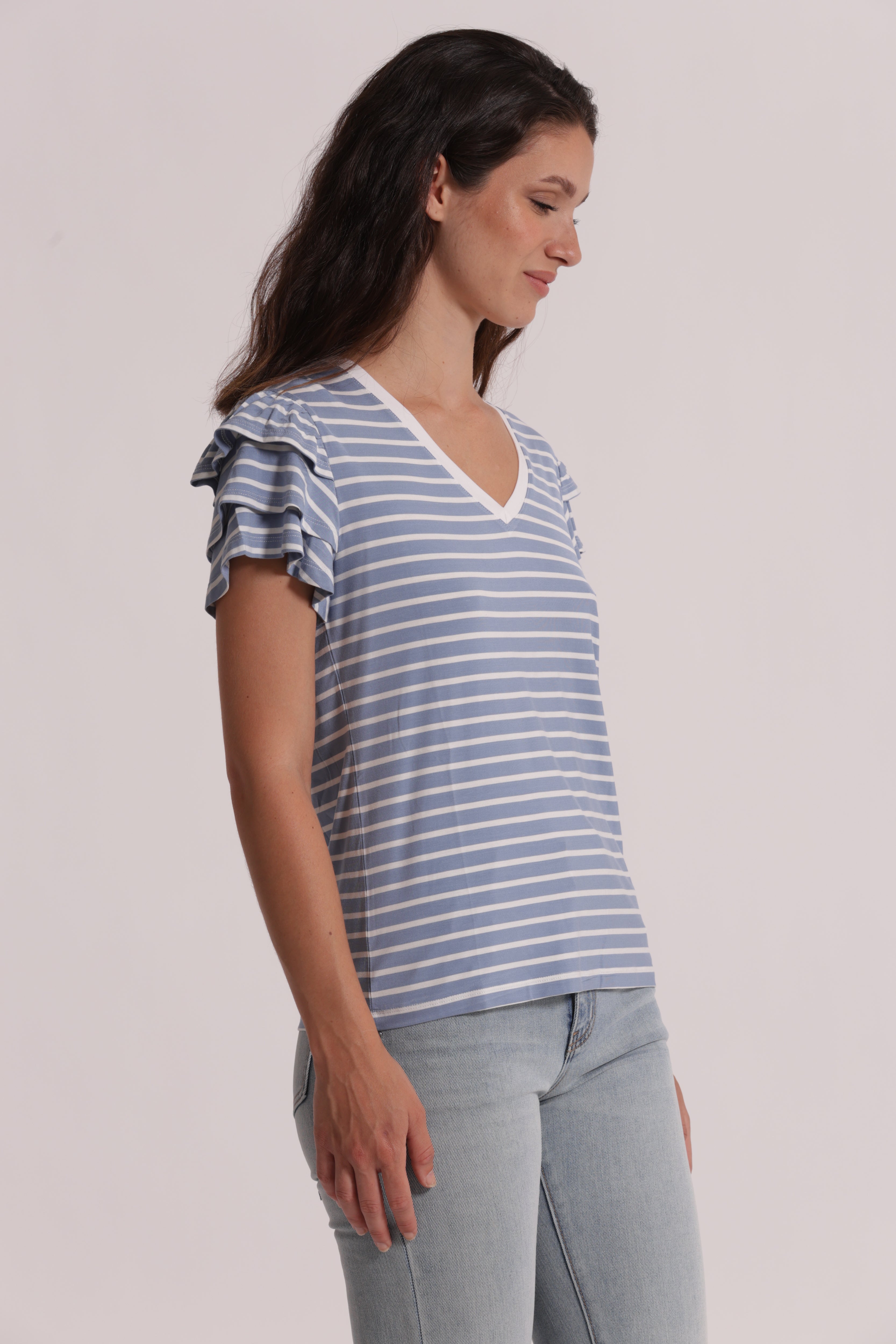 Mimi Mua T-Shirt Righe Maniche Volant Nero/Bianco Cotone