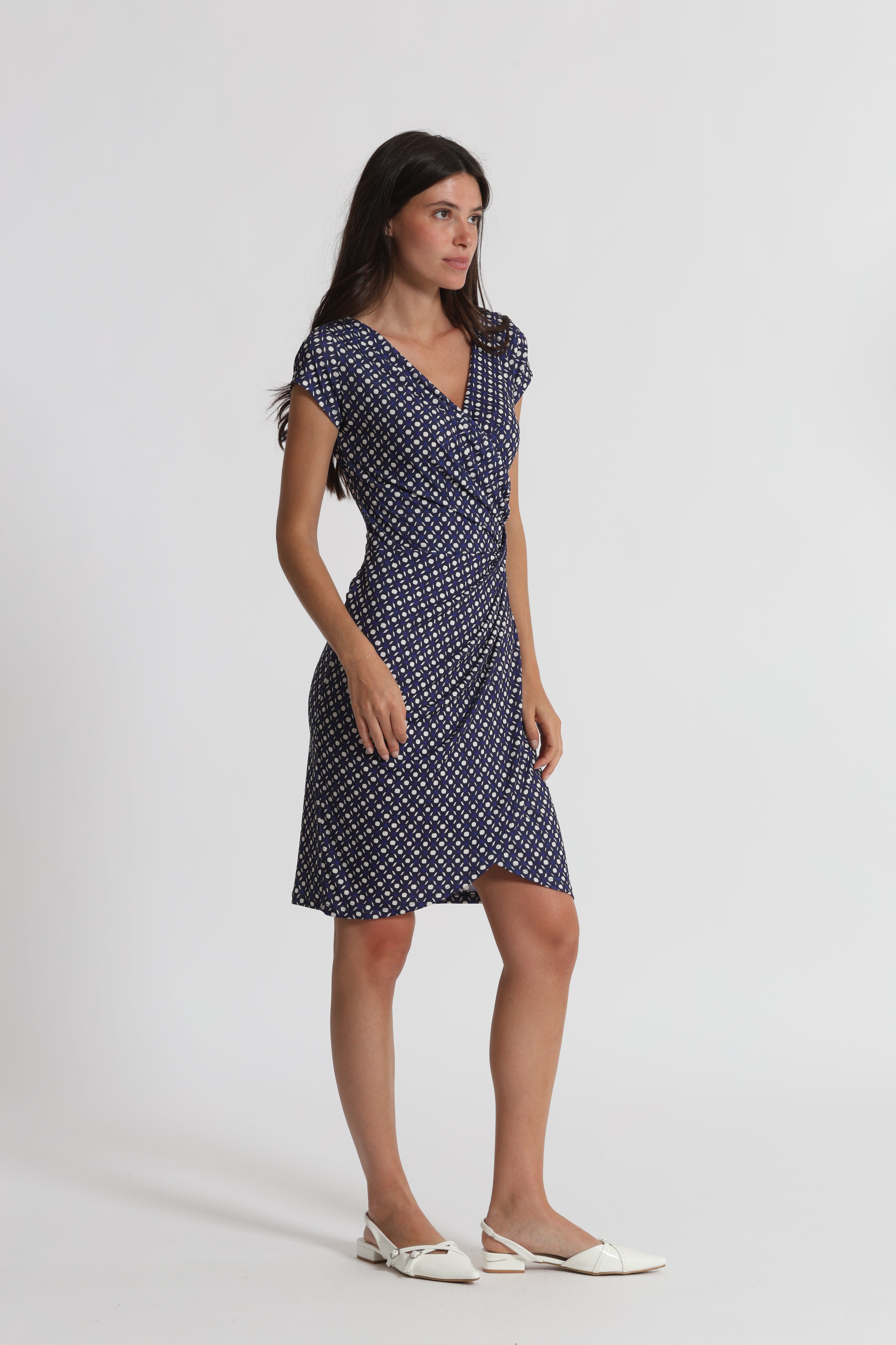 Mimi Mua Abito Corto Fantasia Geometrica Blu Panna S