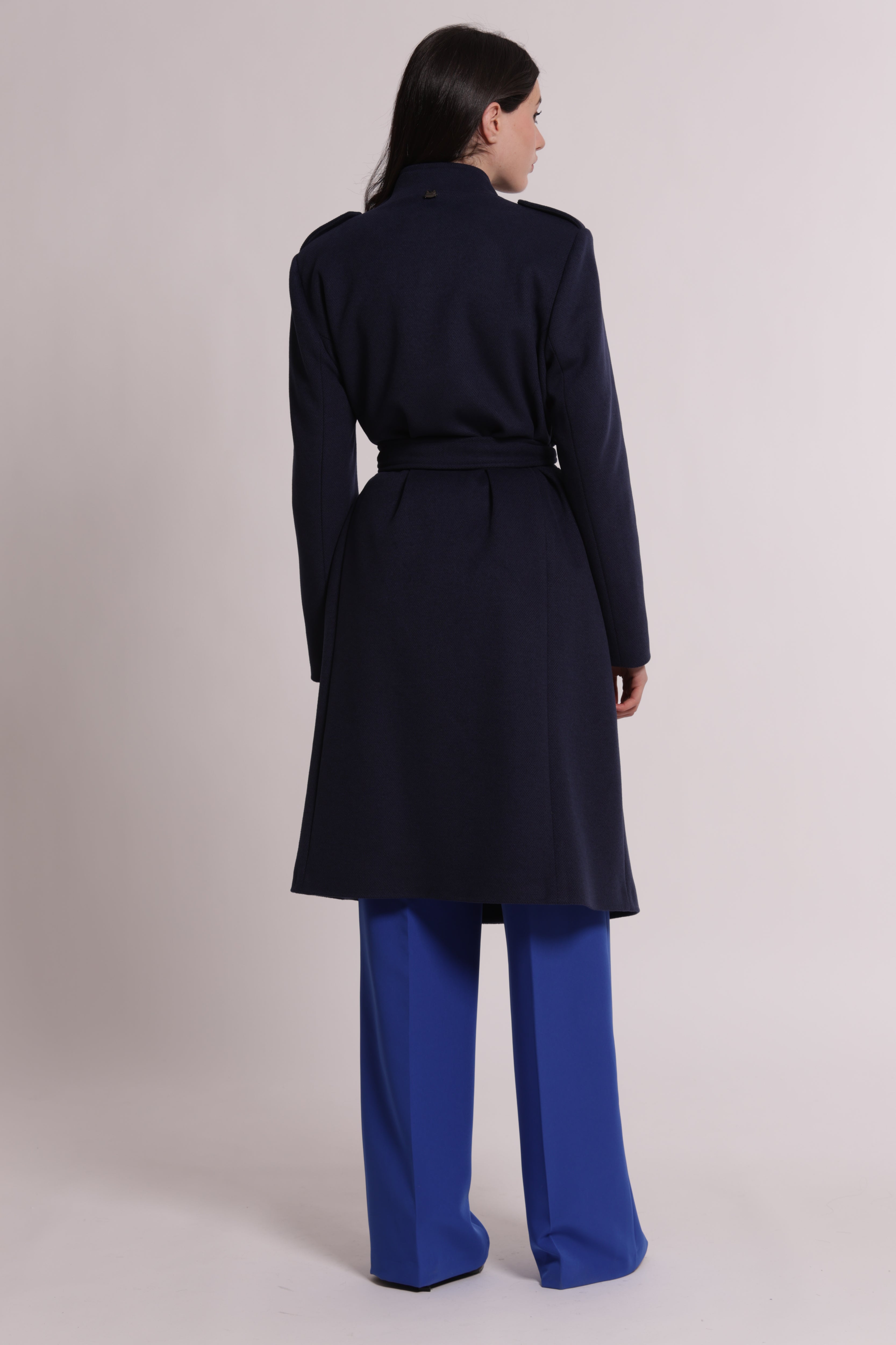 Mimi Mua Cappotto Cintura Bottoni Militari Nero