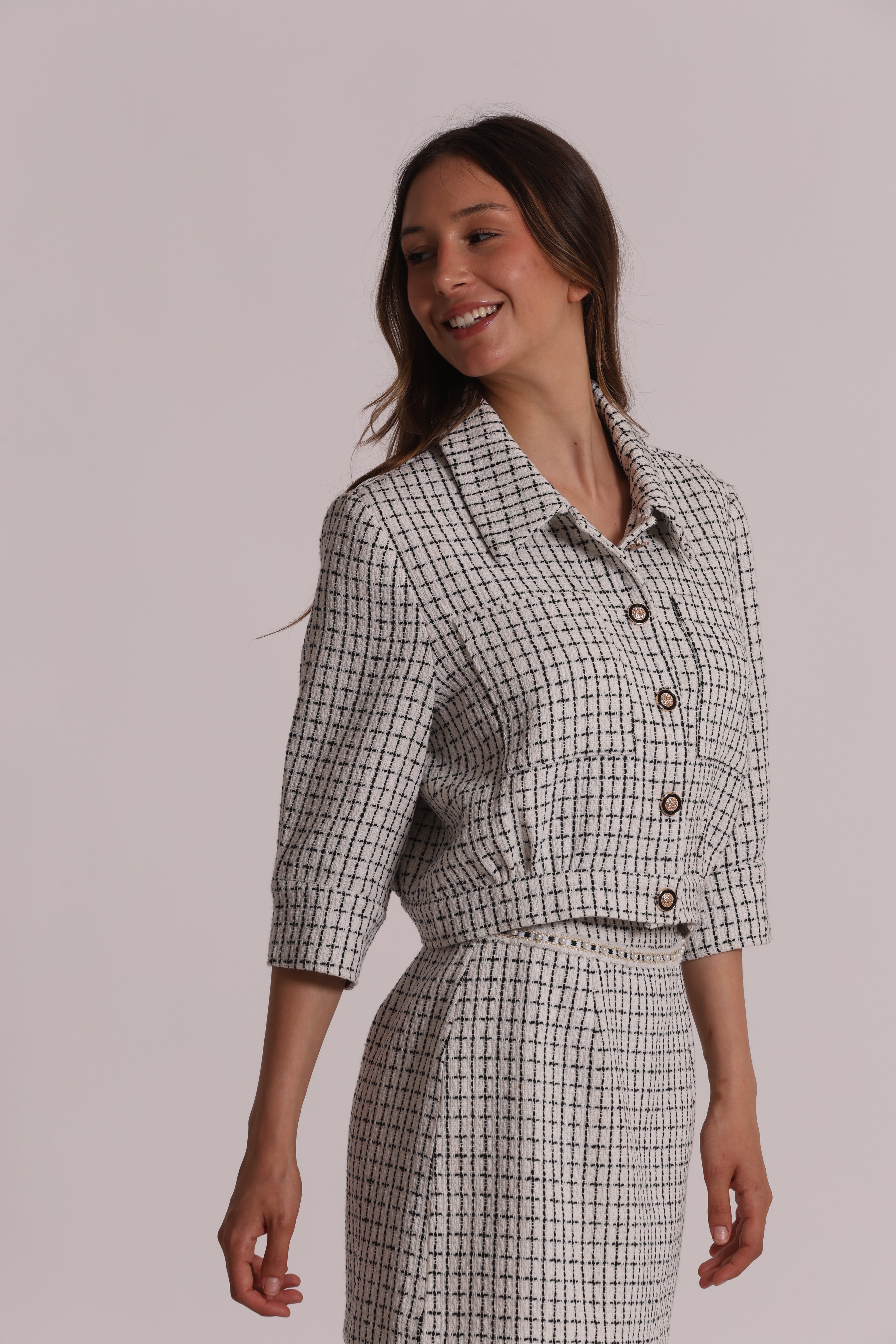 Mimi Mua Giacca Crop Tweed Bottoni Gioiello giacca corta