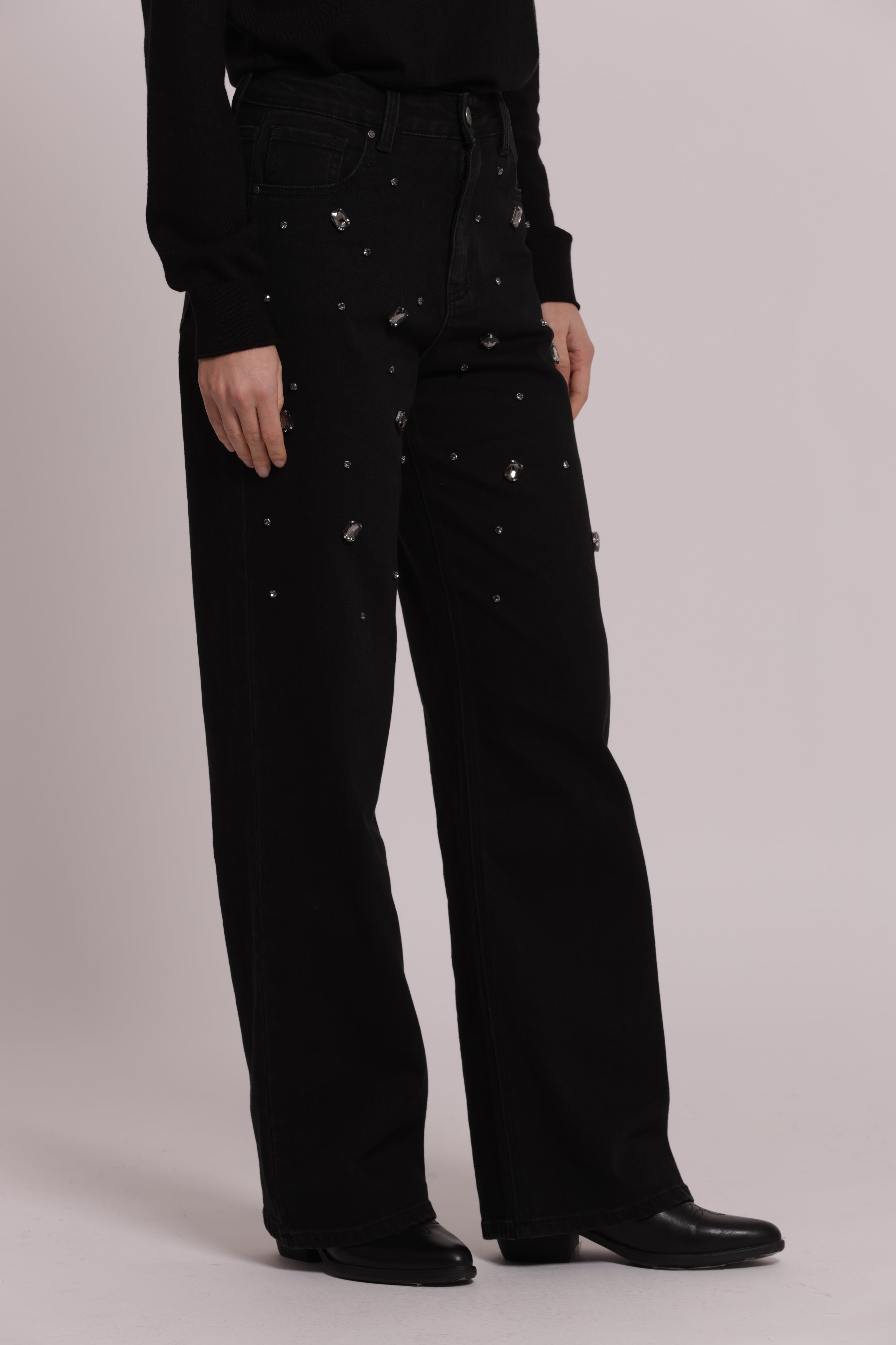 Mimi Mua Wide Leg Castoni Gioiello Jeans Nero denim