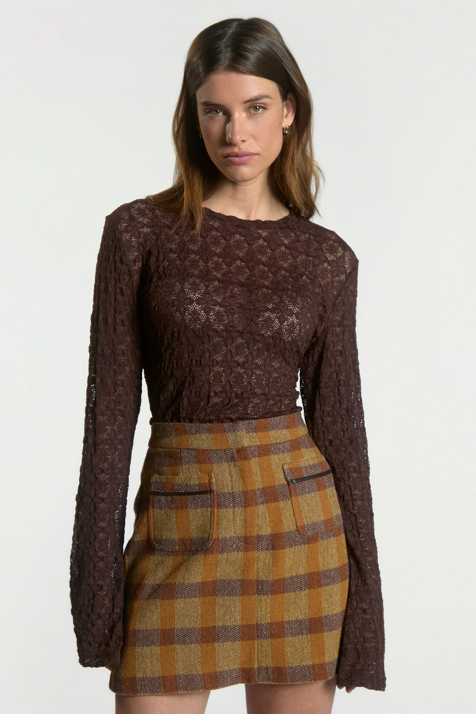 Aaiko Nasla gonna scozzese caramel tweed
