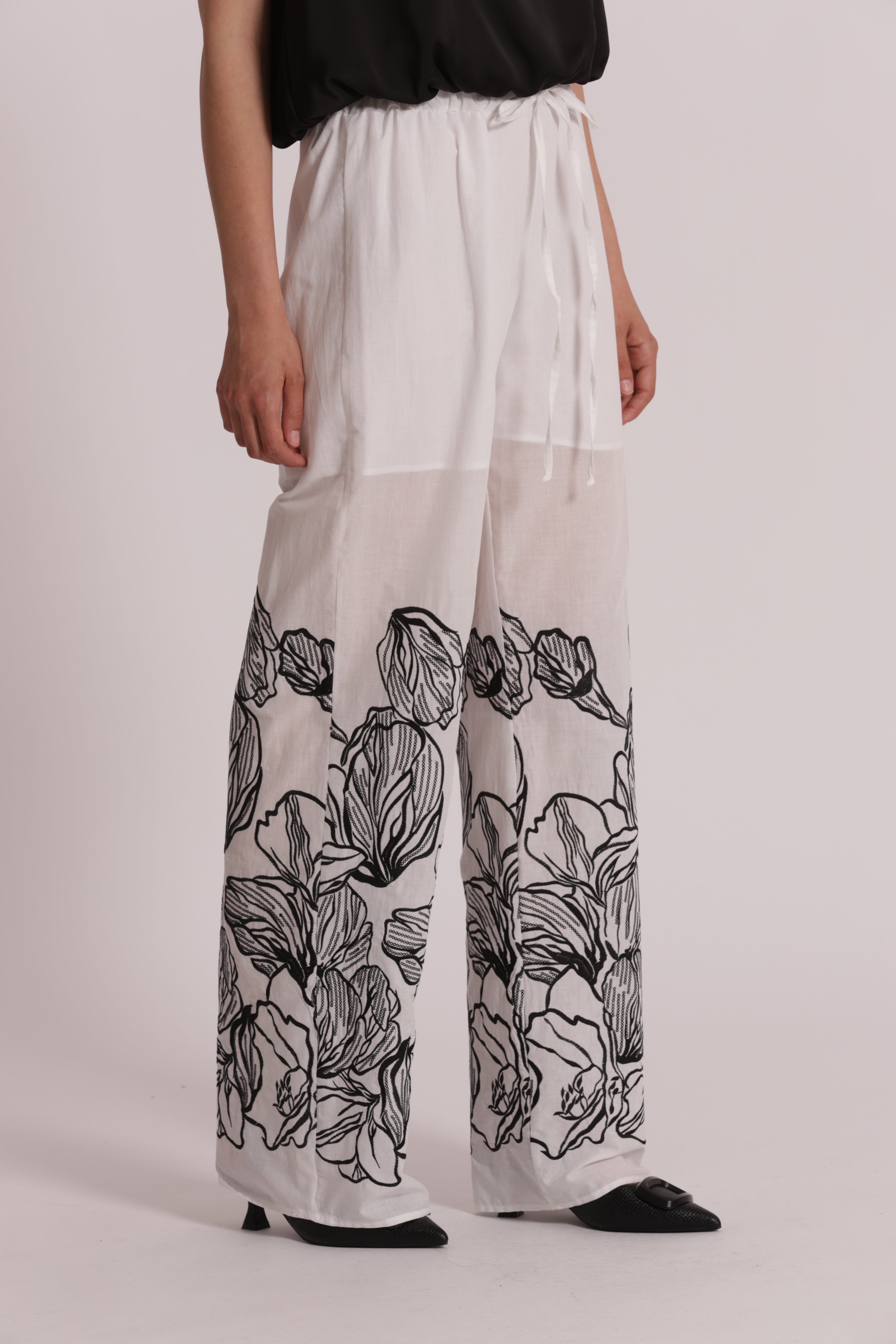 Mimi Mua Pantalone Lungo con Ricamo cotone bianco
