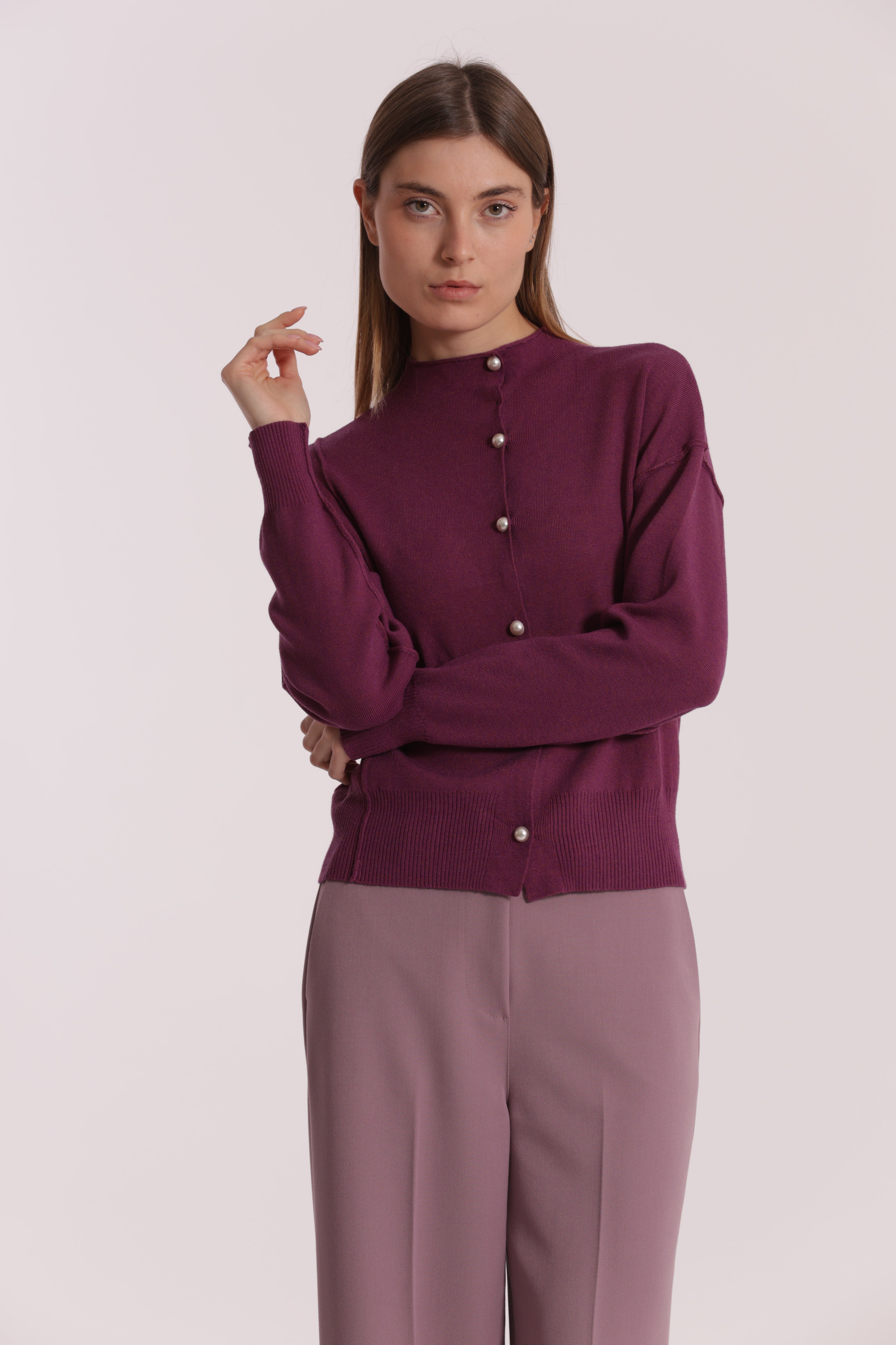 Mimi Mua Maglia Cardigan Bottoni Perle Nero