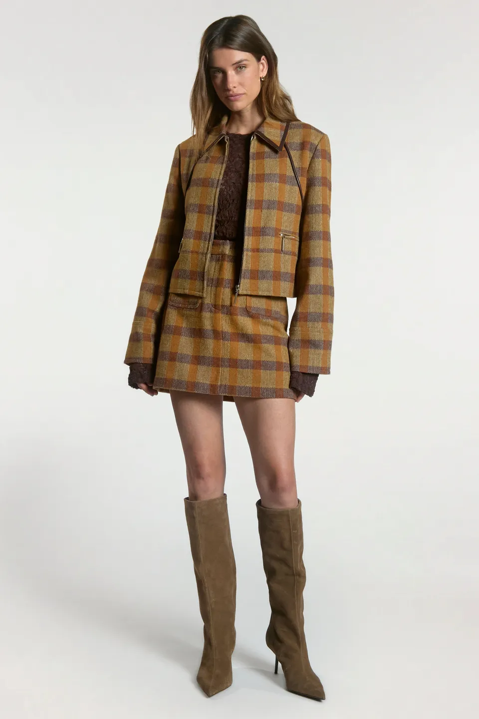 Aaiko Nasla gonna scozzese caramel tweed