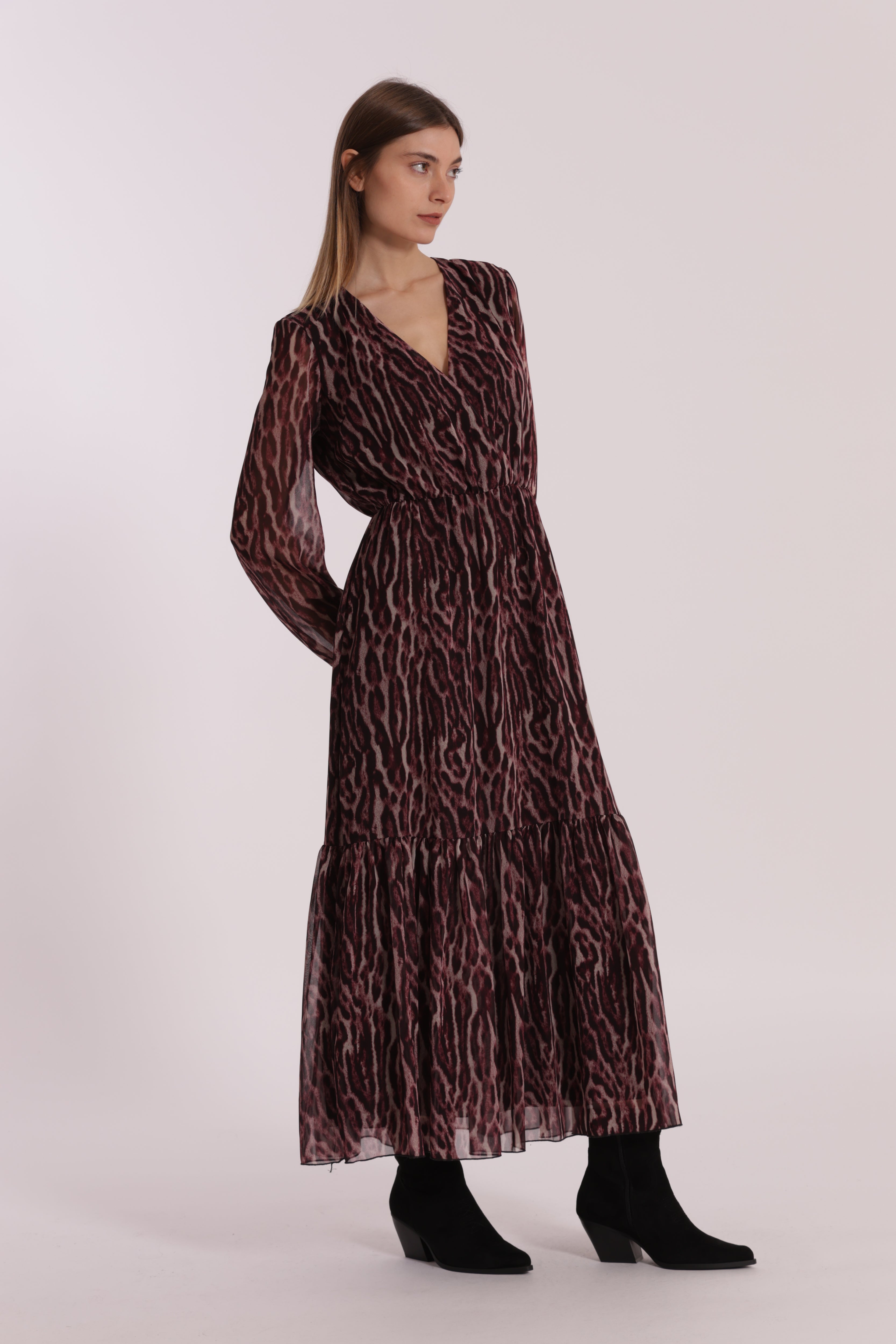 Mimi Mua Fantasia Animalier abito lungo burgundy fluido
