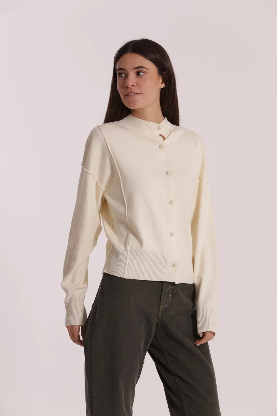 Mimi Mua Maglia Cardigan Bottoni Perle Nero