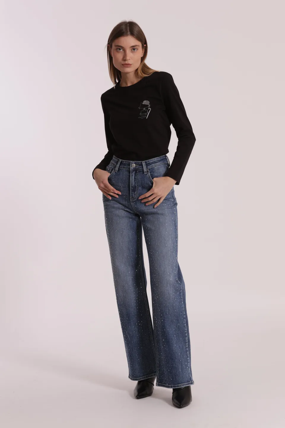 Mimi Mua Jeans Wide Leg Strass Blu Medio
