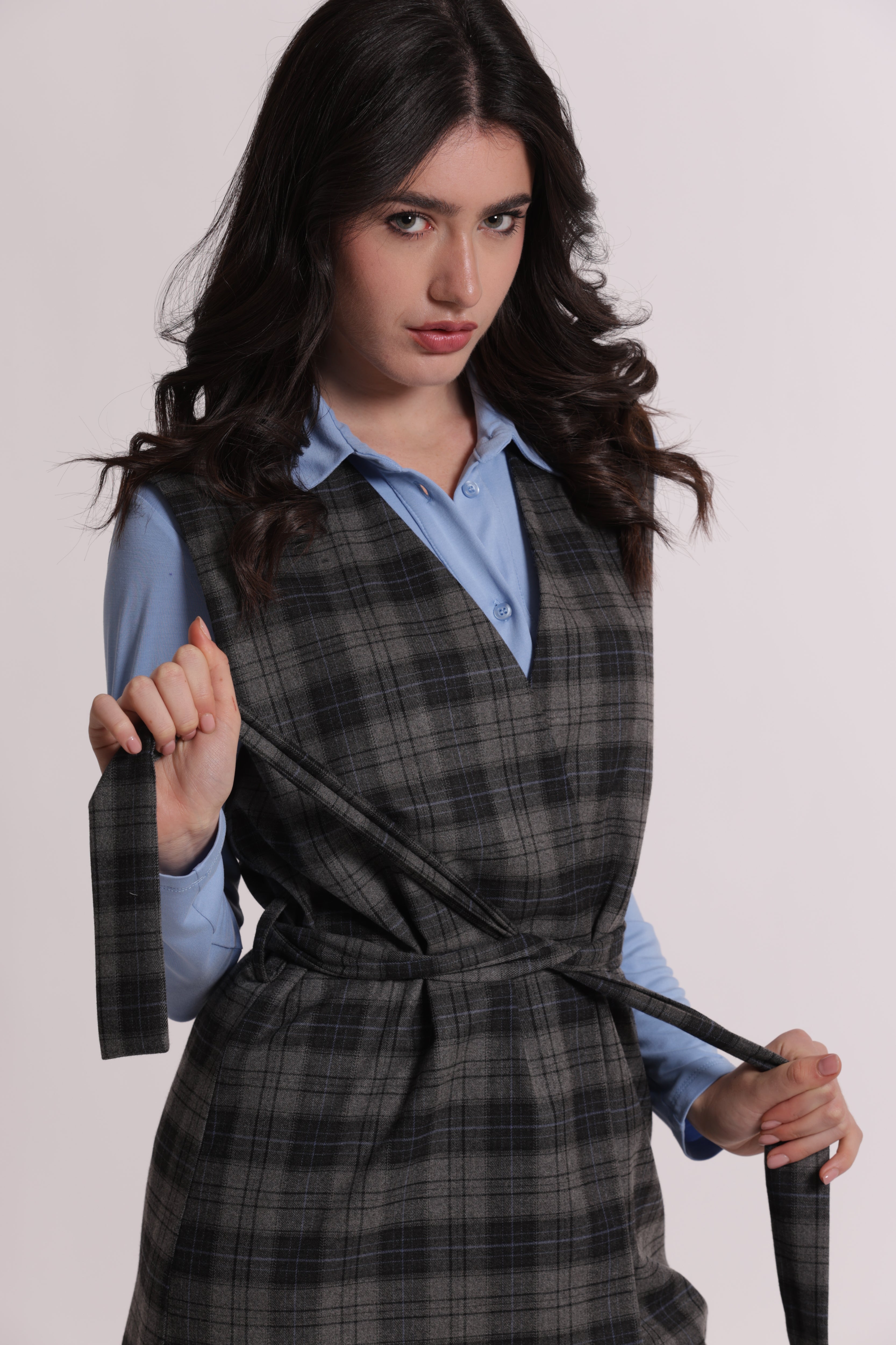 Mimi Mua Gilet Lungo Check Grigio Smanicato
