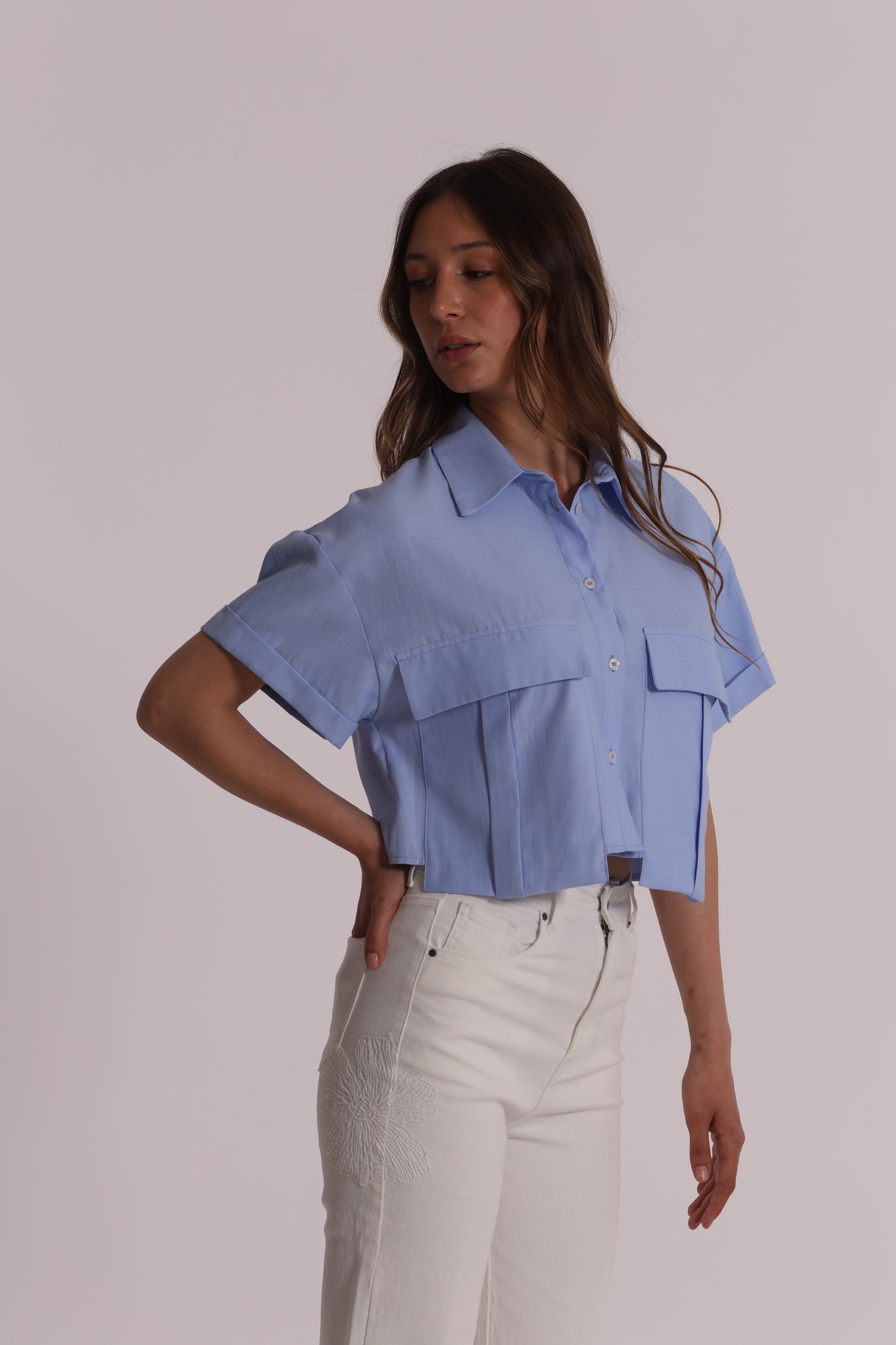 Mimi Mua Camicia Cropped Oxford Tasche Bianca Corta