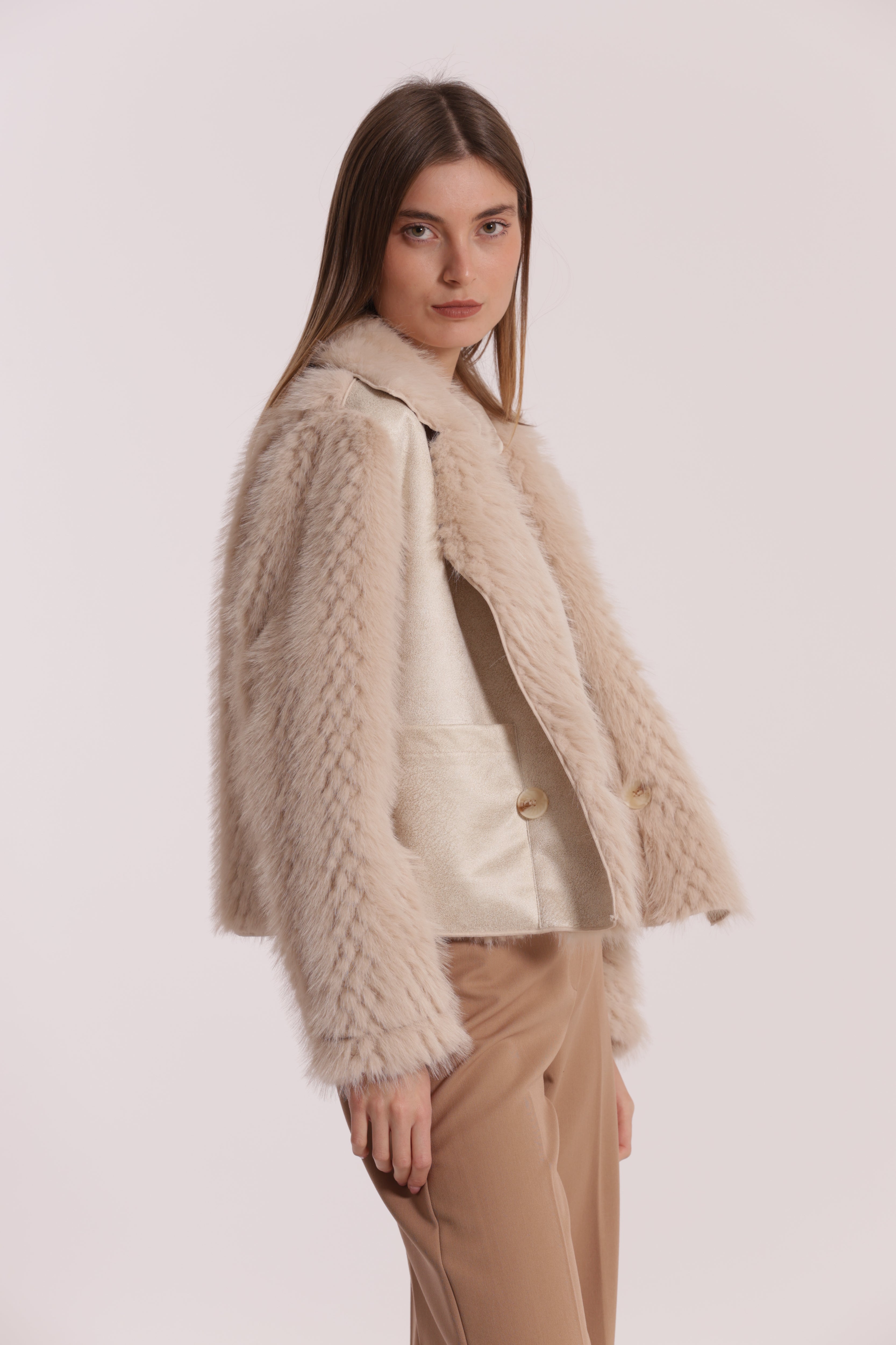 Mimi Mua Giubbotto Cropped Reversibile montone beige