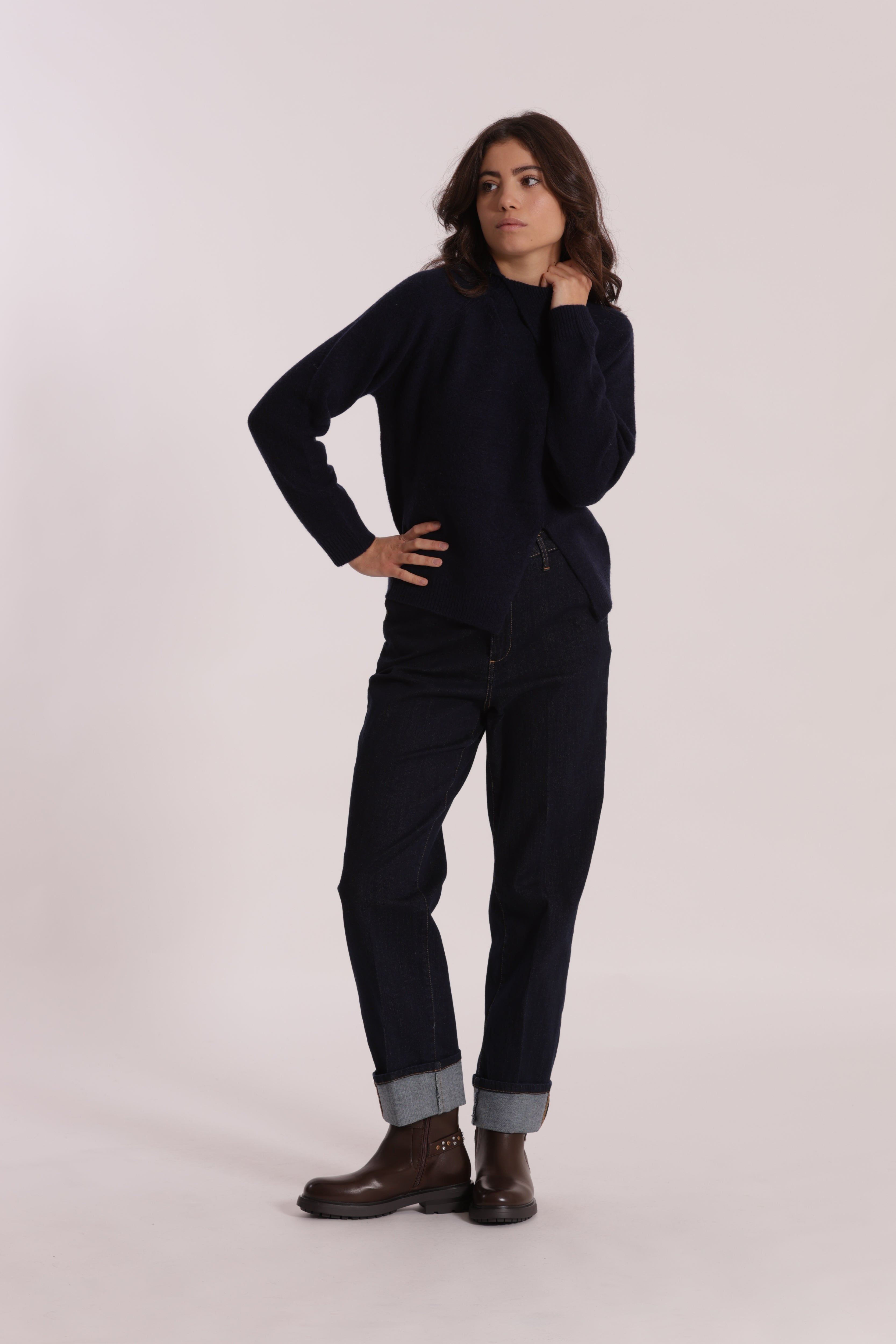 Mimi Mua Jeans Wide Leg Risvolto Blu Scuro Denim