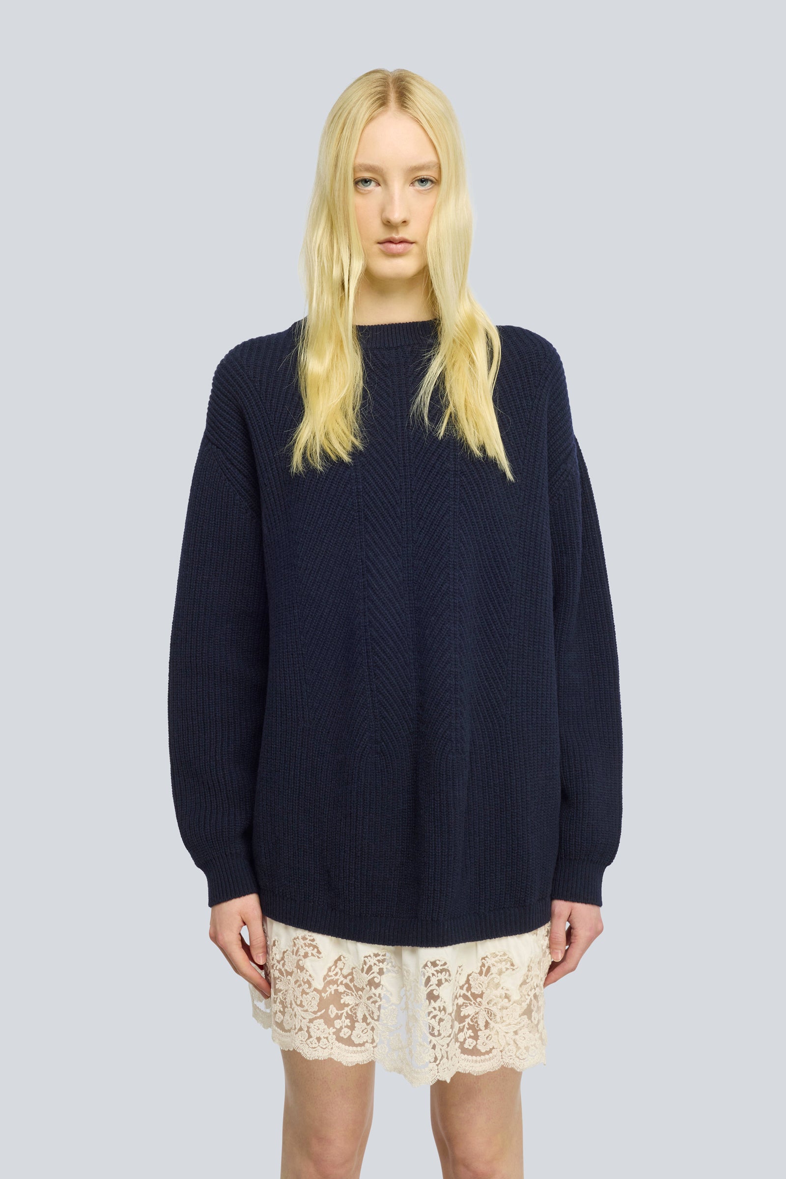 Semicouture Magnolia maglia lana merinos pizzo blu burro