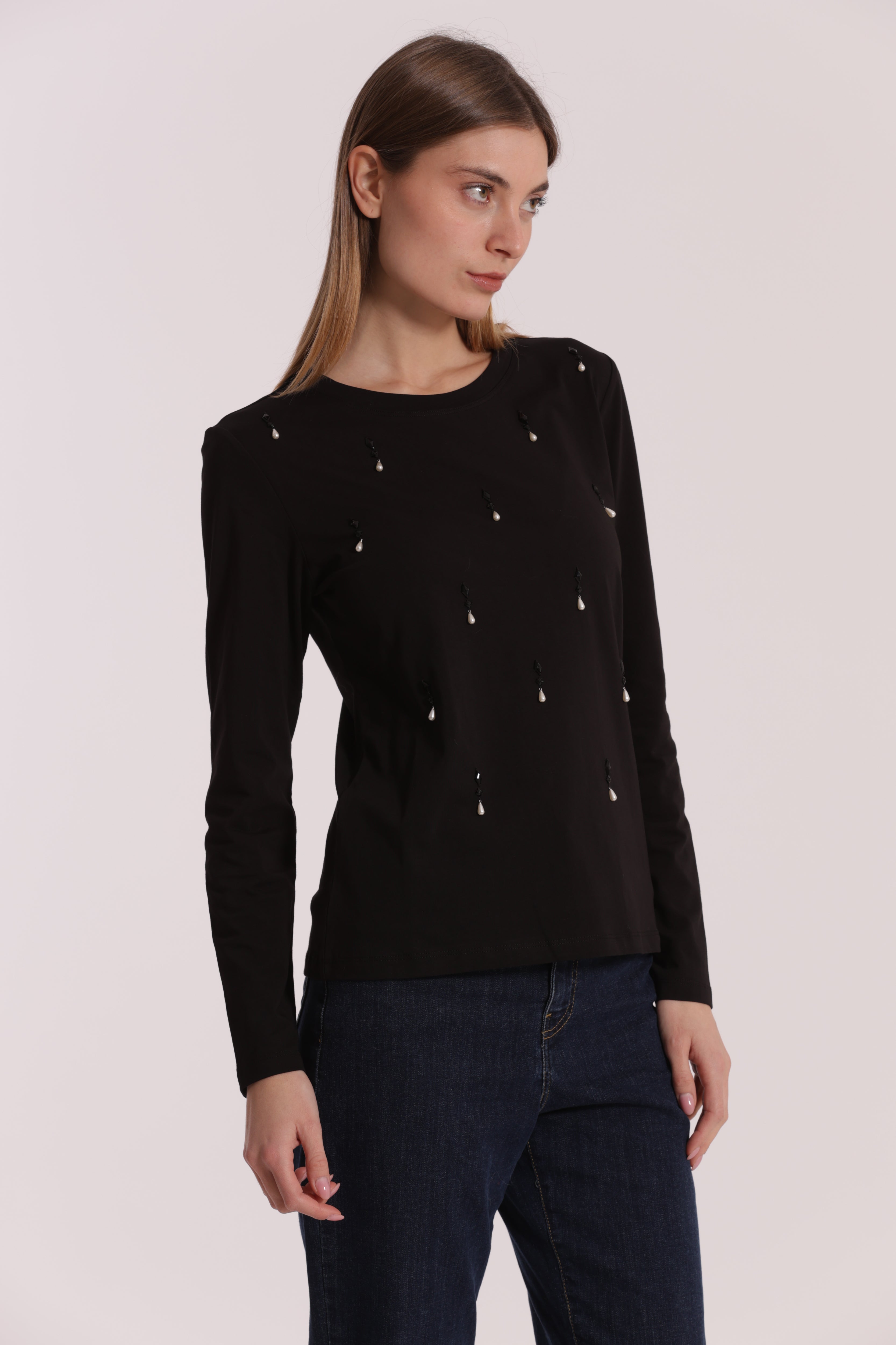 Mimi Mua Pioggia di Perle T-shirt Cotone Nero