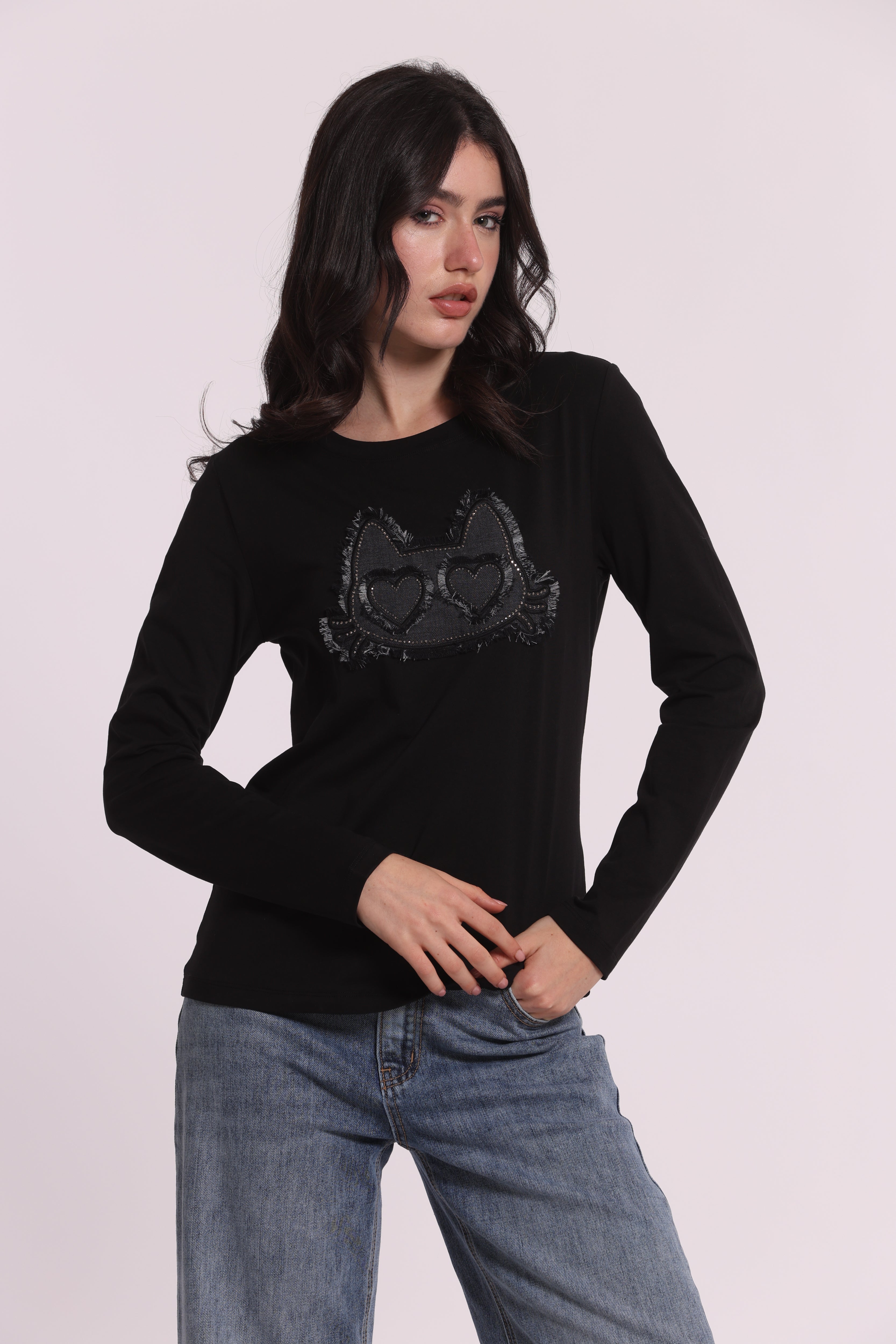 Mimi Mua T-Shirt Maniche Lunghe Gatto Denim Nera Cotone