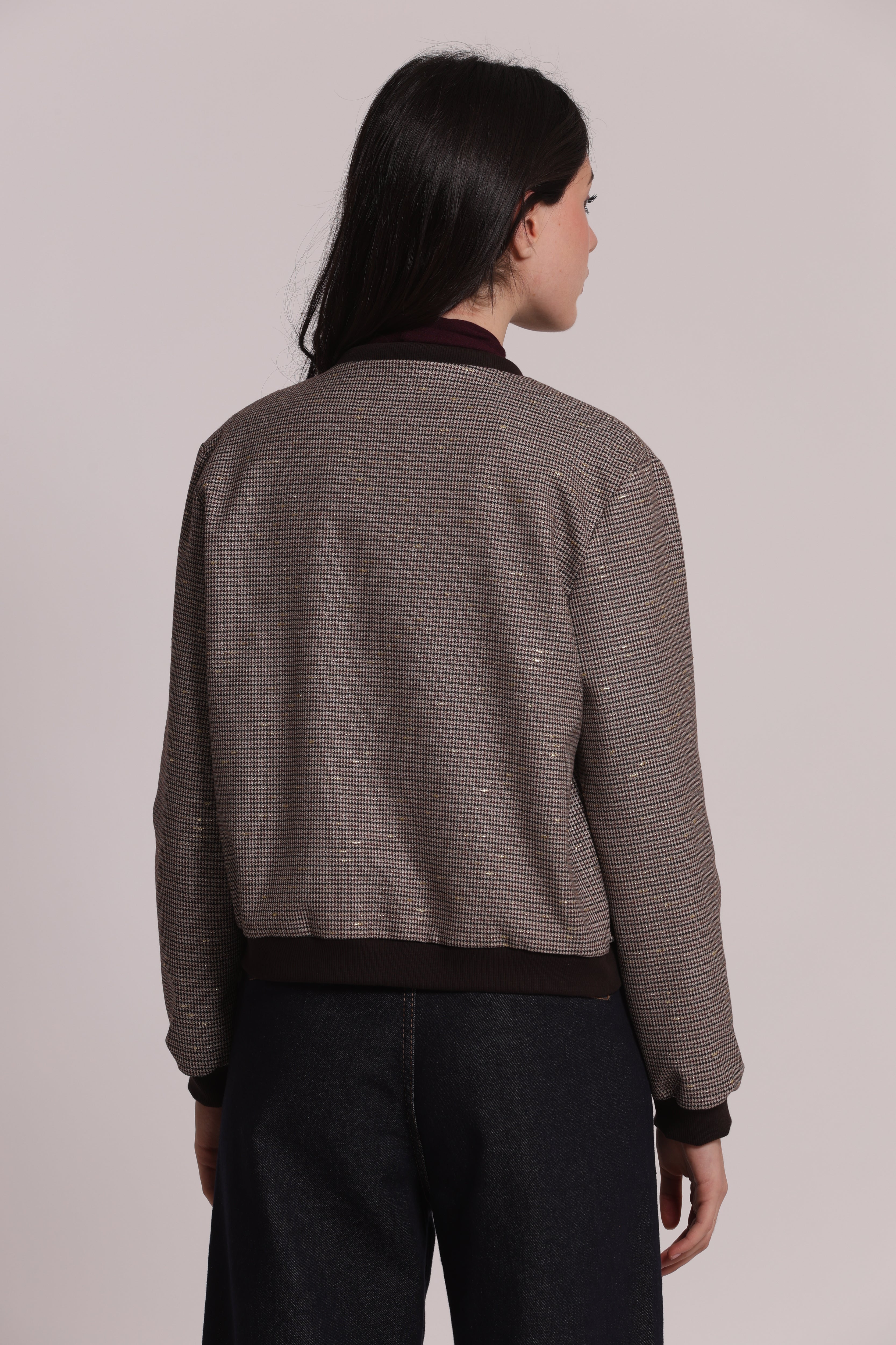 Mimi Mua Giacca Bomber Zip Pied de Poule Lurex Bordeaux/Beige