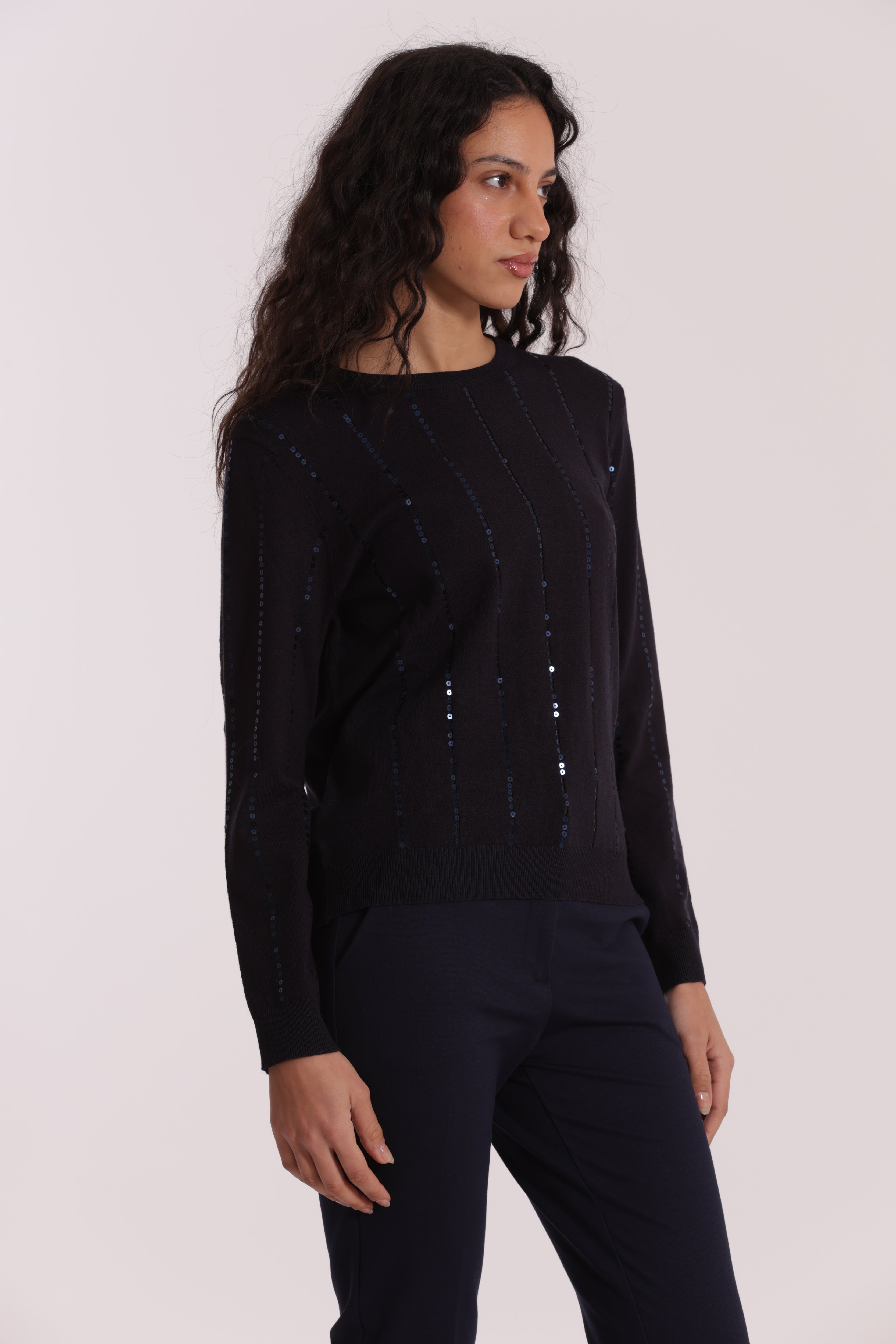 Mimi Mua Maglia Scollo Tondo Paillettes Nero