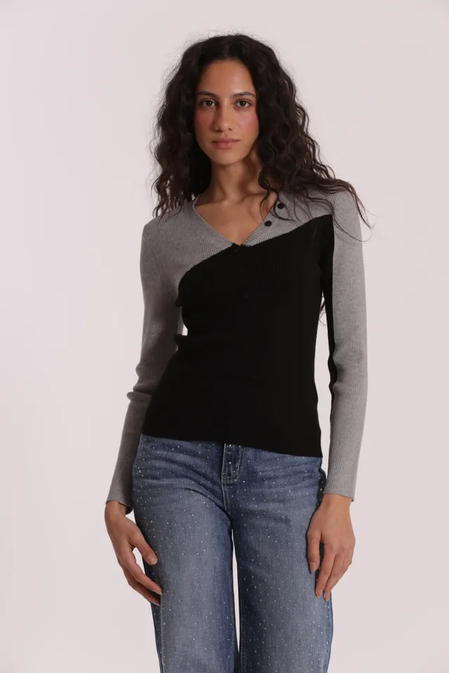 Mimi Mua Maglia Bicolor Scollo V con Dettaglio Bottoni Nero/Grigio viscosa