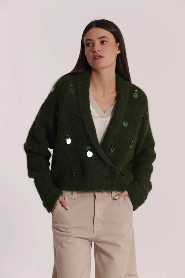 Mimi Mua Maglia Cardigan Incrociata Paillettes Nero
