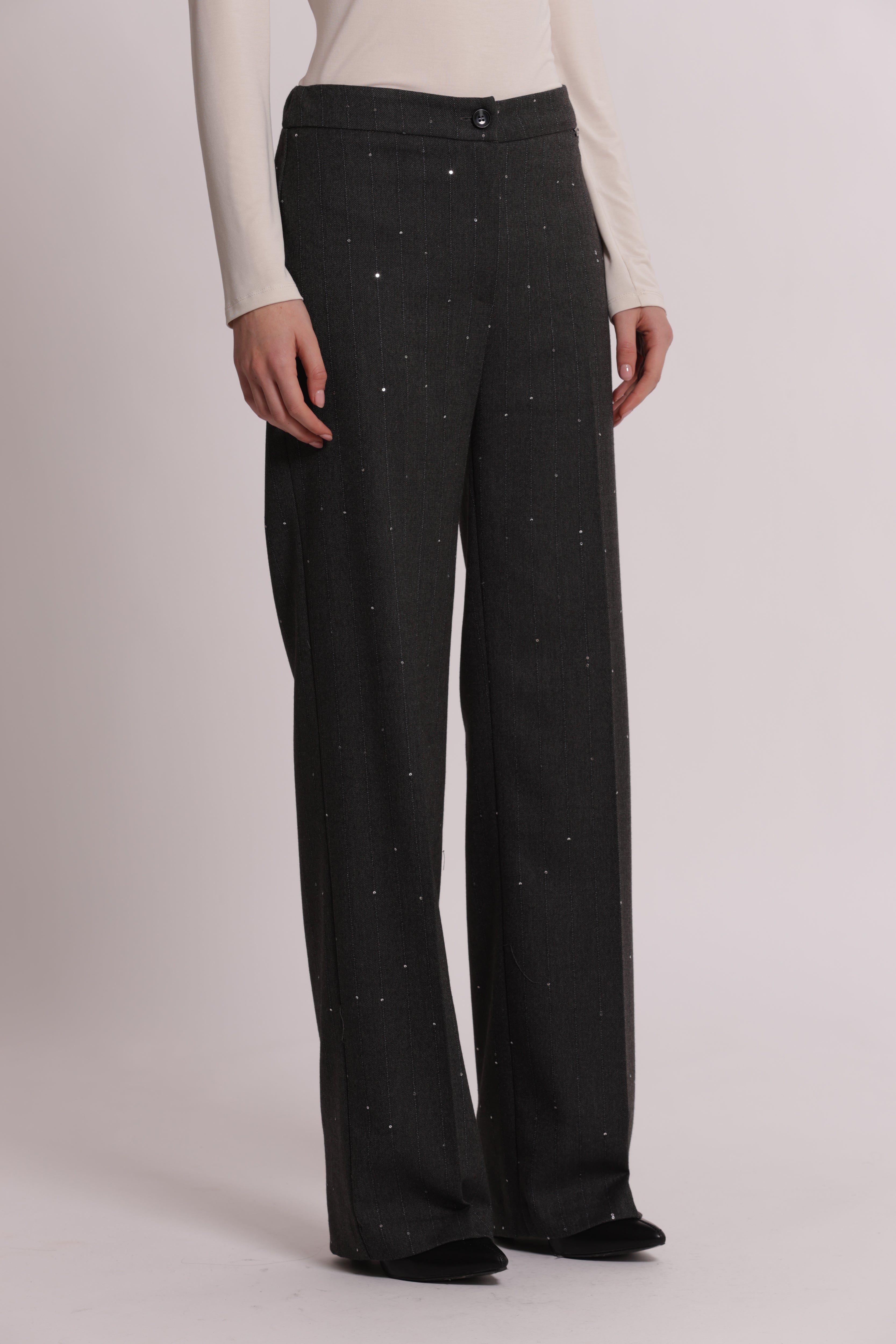 Mimi Mua Pantalone Dritto Gessato Paillettes Piombo