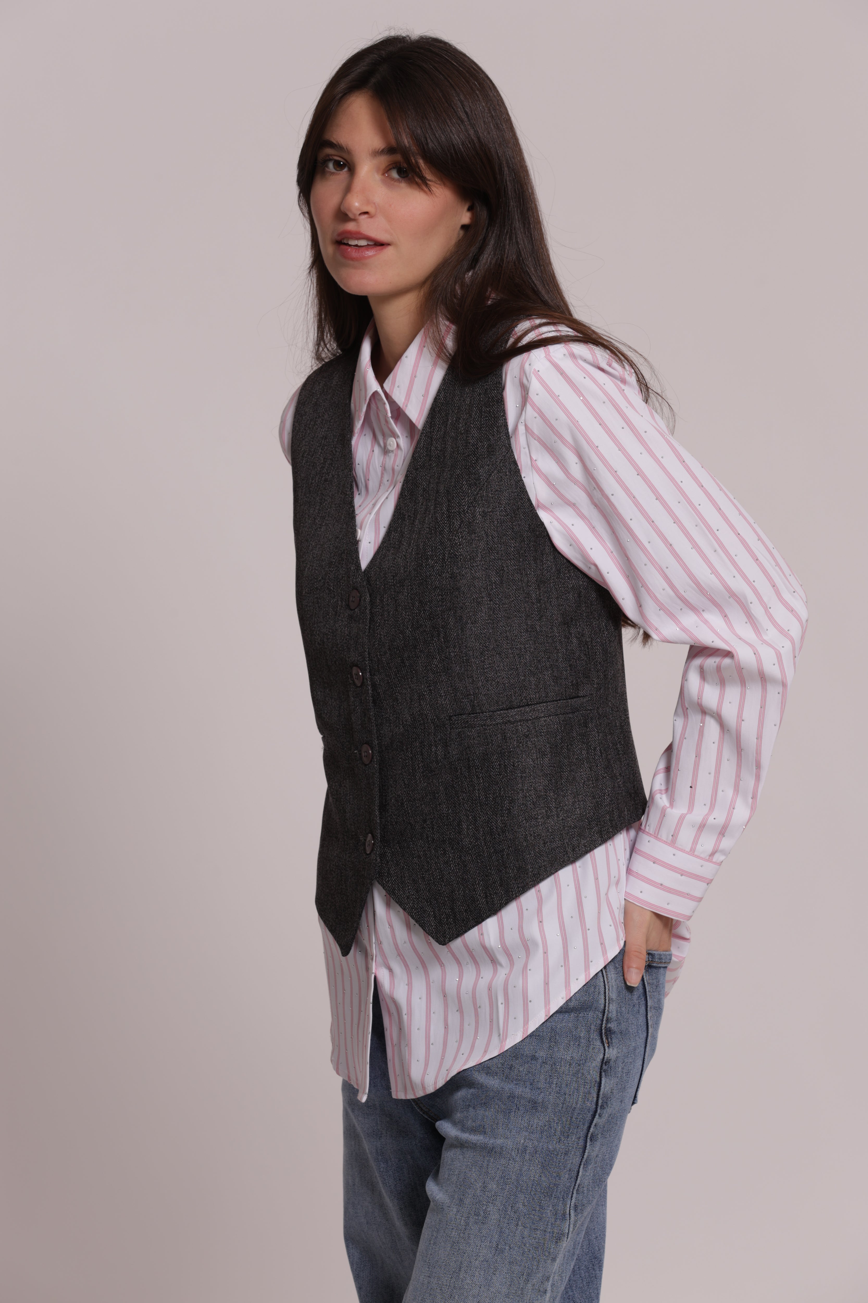 Mimi Mua gilet tweed a spiga di pesce giacca moro