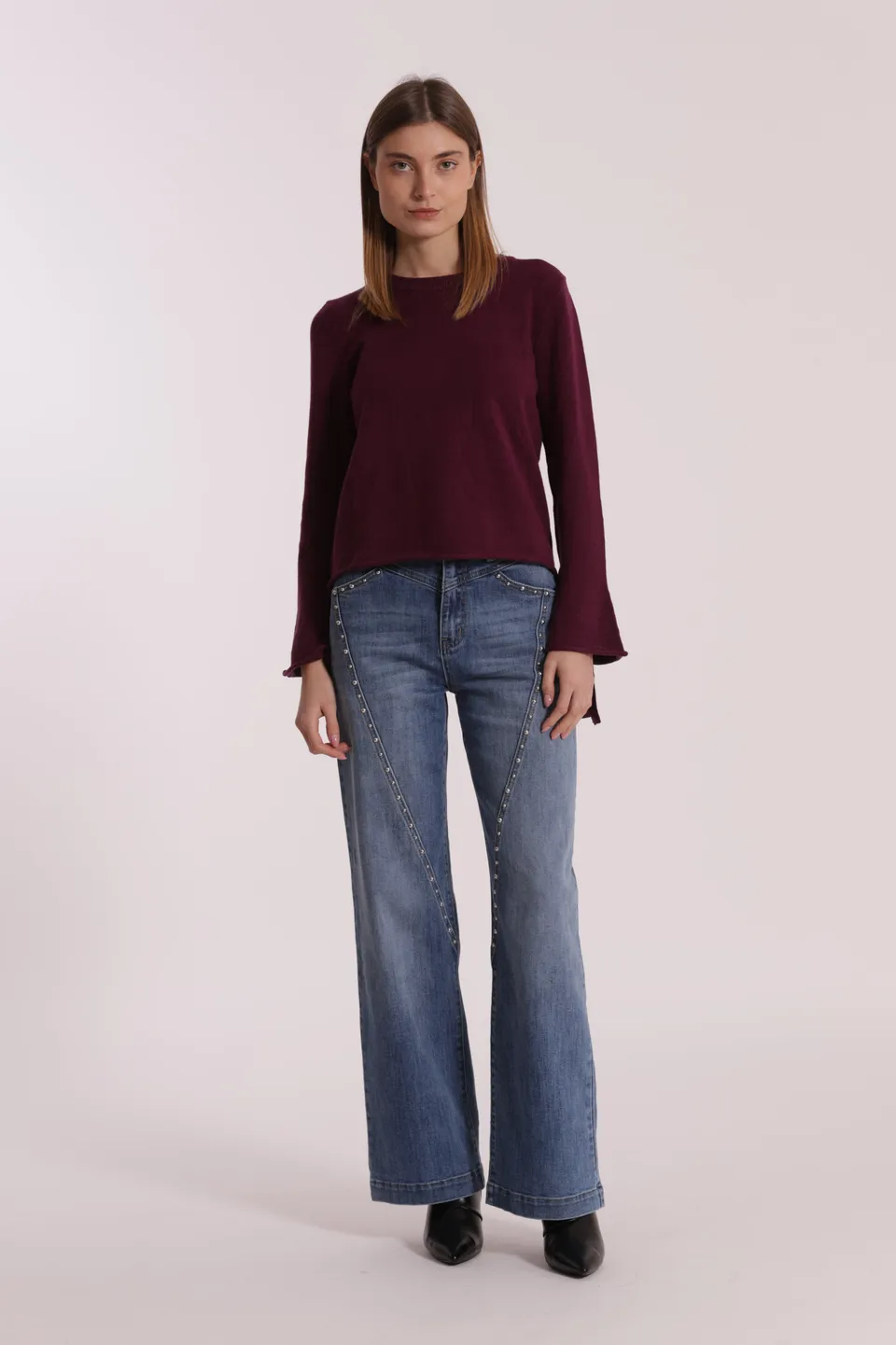 Mimi Mua jeans wide leg borchie blu medio