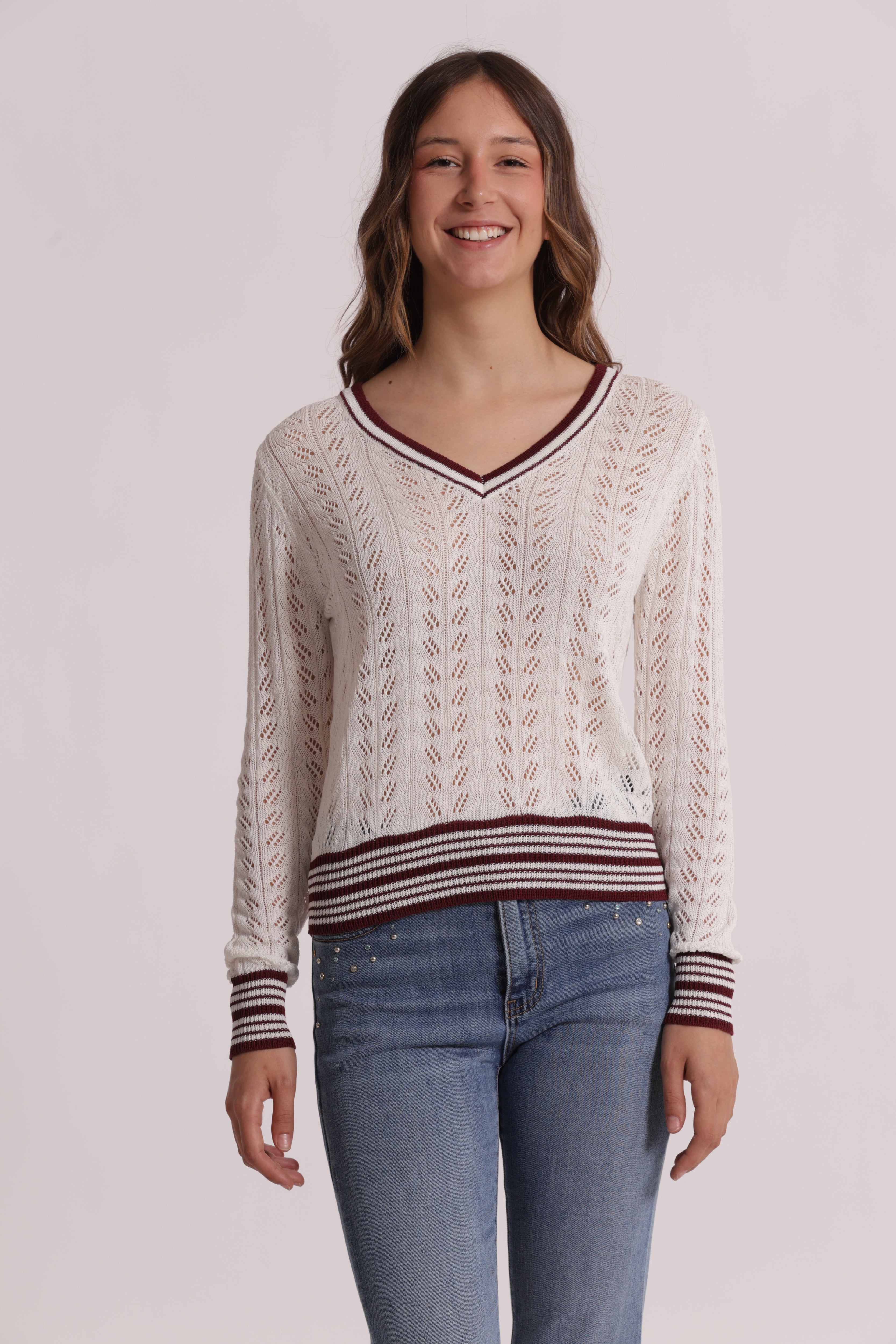 Mimi Mua Maglia Traforata Scollo V Panna Bicolor Leggera
